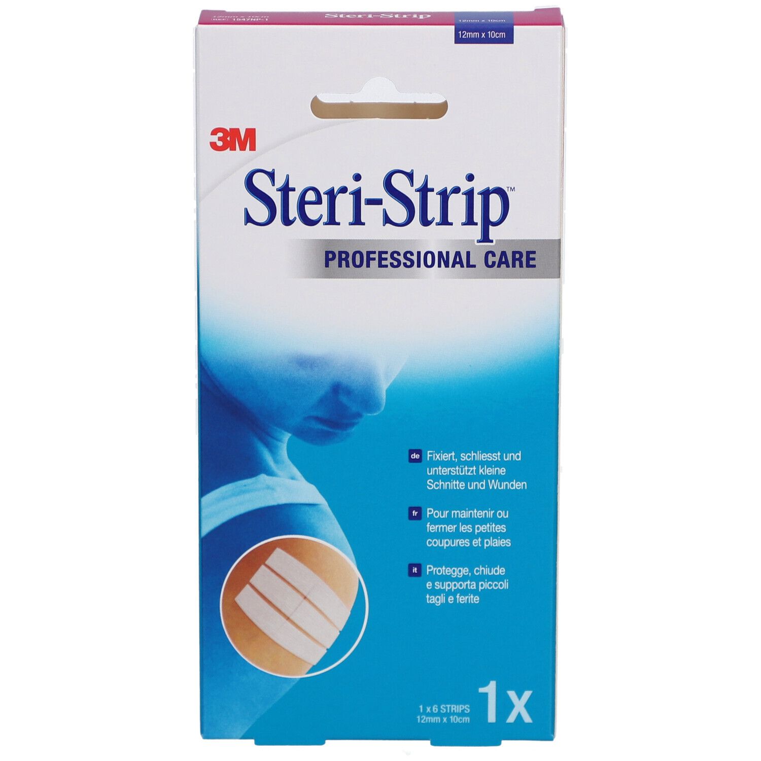 Boîte 3M Steri-Strip. Inscription: Professional Care. Contient 6 bandes. Dimensions: 12 x 100 mm.