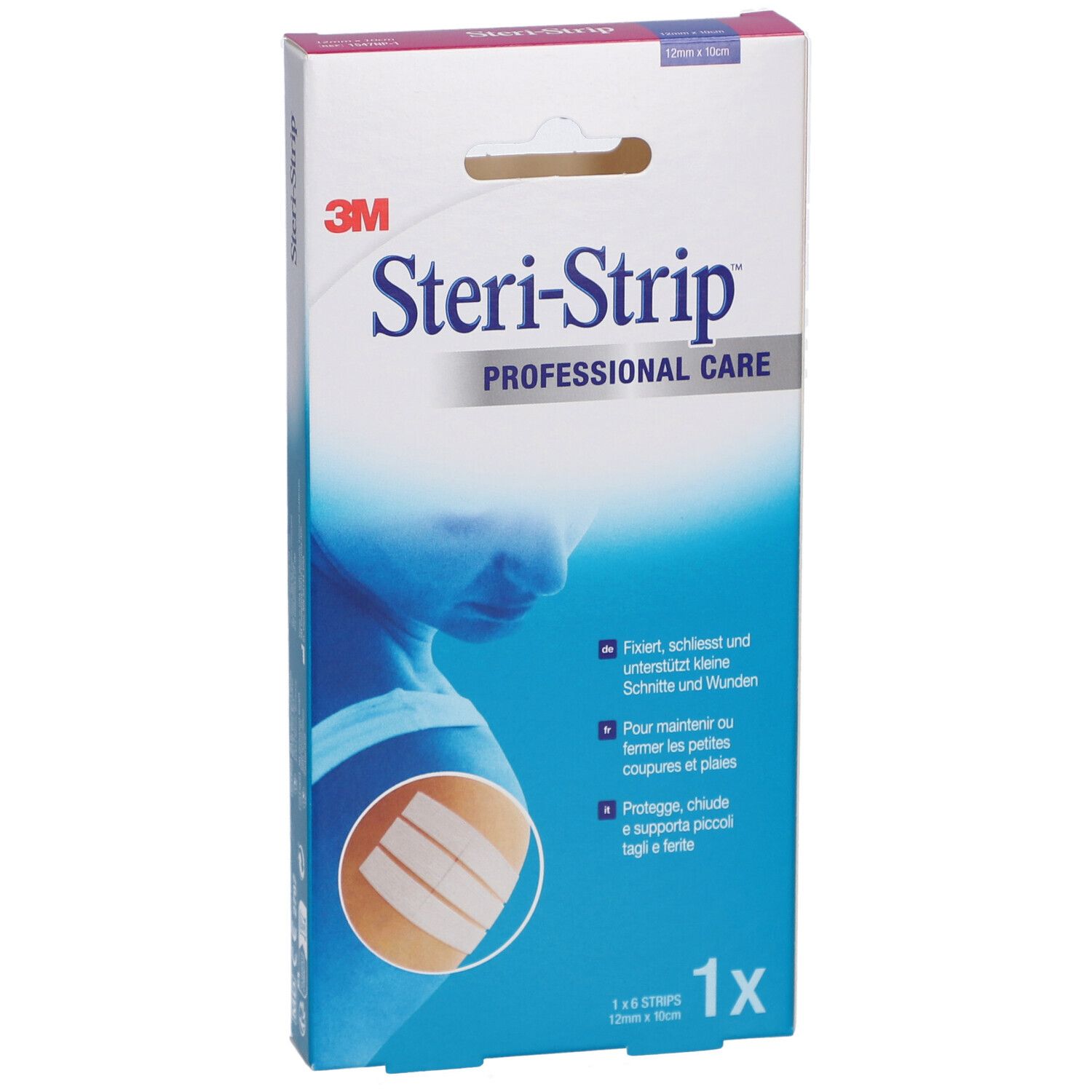 Boîte 3M Steri-Strip. Inscription: Professional Care. Contient 6 bandes. Dimensions: 12 x 100 mm.