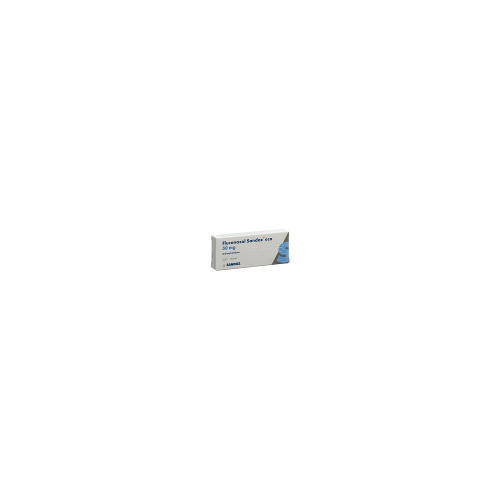 Boîte en carton avec nom du produit et marque. Couleurs bleu et gris. Texte : FLUCONAZOL Sandoz eco Kaps 50 mg.