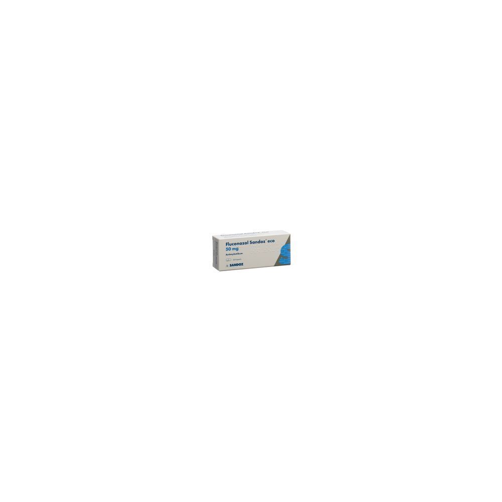 Boîte de FLUCONAZOL Sandoz eco Kaps 50 mg. Boîte blanche avec éléments bleus et gris. Texte: FLUCONAZOL Sandoz eco Kaps 50 mg.