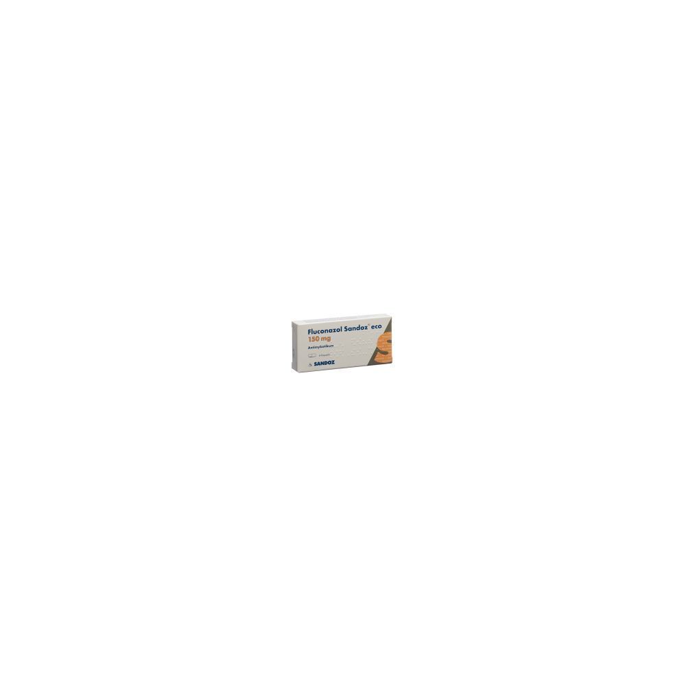 Boîte de comprimés "Fluconazol Sandoz eco Kaps 150 mg". Le logo Sandoz est visible. Contient 4 comprimés.