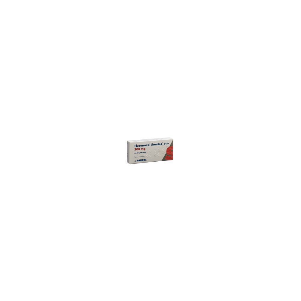 Boîte de Fluconazol Sandoz eco Kaps. Inscription: 200 mg. Blanc, rouge et gris. Logo Sandoz.