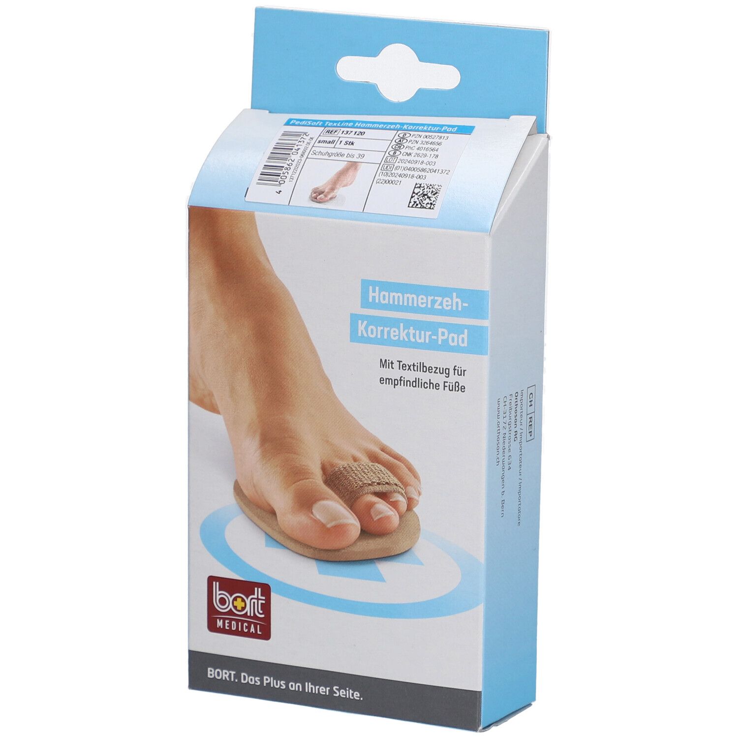Verpackung mit Hammerzeh-Korrektur-Pad. Fuß mit Pad auf der Verpackung abgebildet. Marke: BORT MEDICAL.