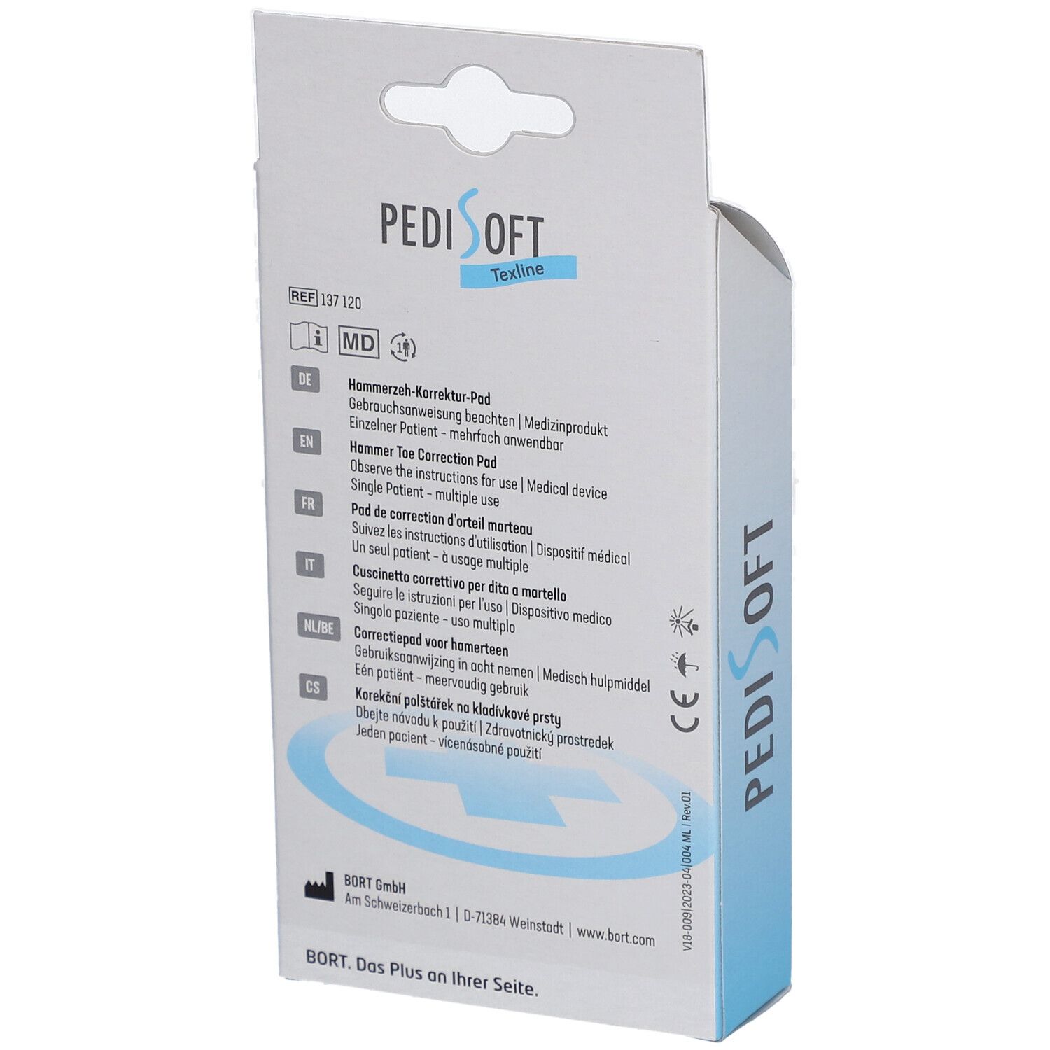 Rückseite der Verpackung mit Produktinformationen. Marke: PediSoft TexLine. Medizinprodukt.