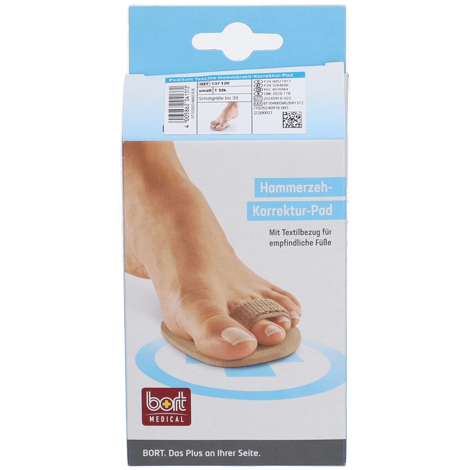Verpackung mit Hammerzeh-Korrektur-Pad. Fuß mit Pad auf der Verpackung abgebildet. Marke: BORT MEDICAL.