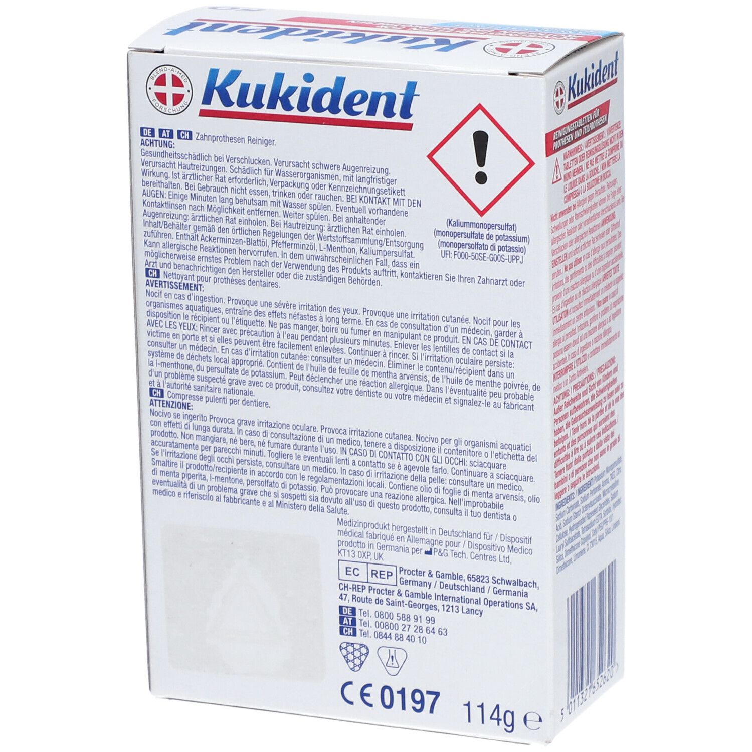 Dos de l'emballage Kukident. Texte en allemand, avertissements et ingrédients. Contient 114g. Marquage CE.