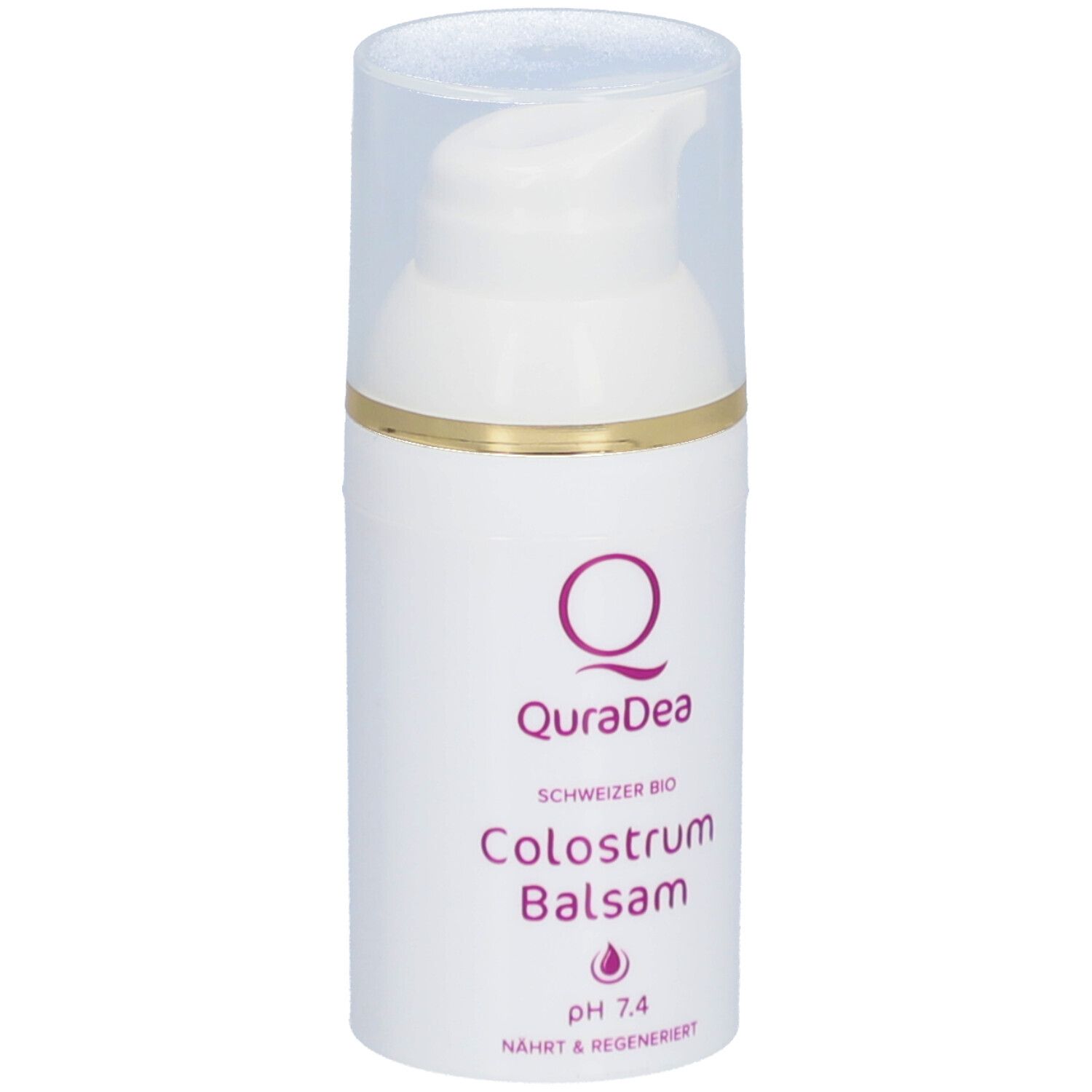 Weißer Spender mit transparentem Deckel. Goldener Ring. Aufschrift: QuraDea, Colostrum Balsam, pH 7.4.