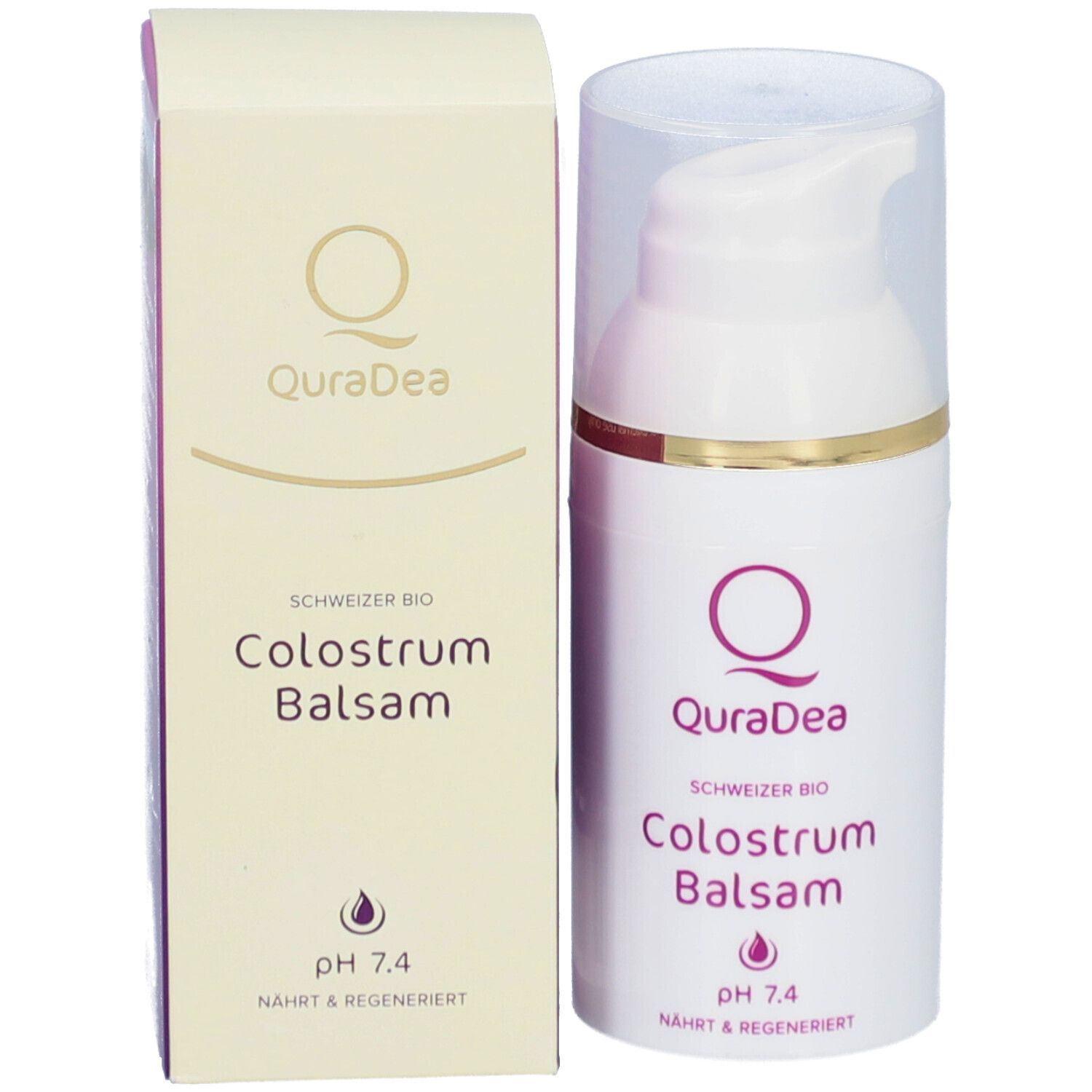 Produktverpackung und Spender. Verpackung: Weiß mit Aufschrift QuraDea, Colostrum Balsam. Spender: Weiß mit Deckel.