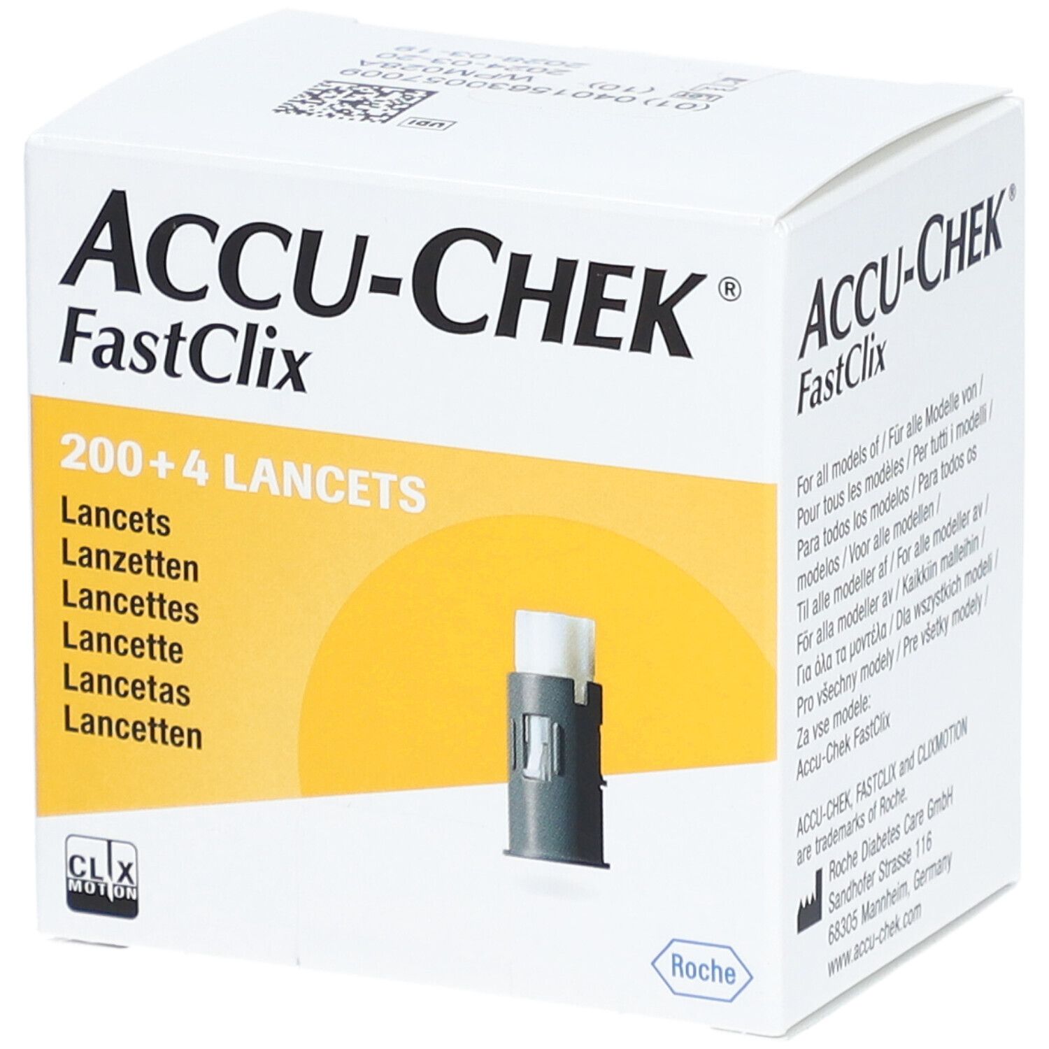 Schachtel ACCU-CHEK FastClix mit 200+4 Lanzetten. Abbildung einer Lanzette. Gelber Hintergrund.