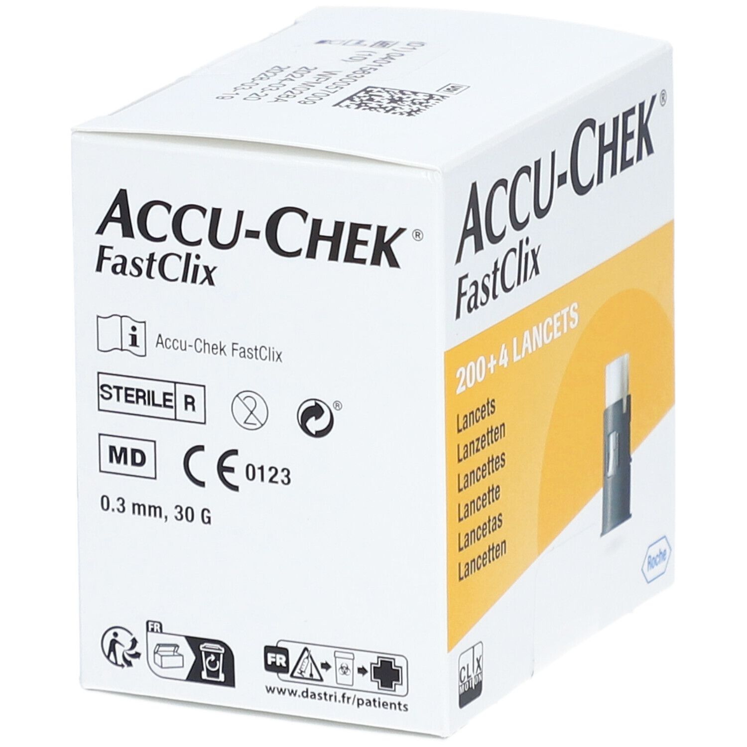Schachtel ACCU-CHEK FastClix mit 200+4 Lanzetten. Sterile Kennzeichnung. Medizinprodukt.