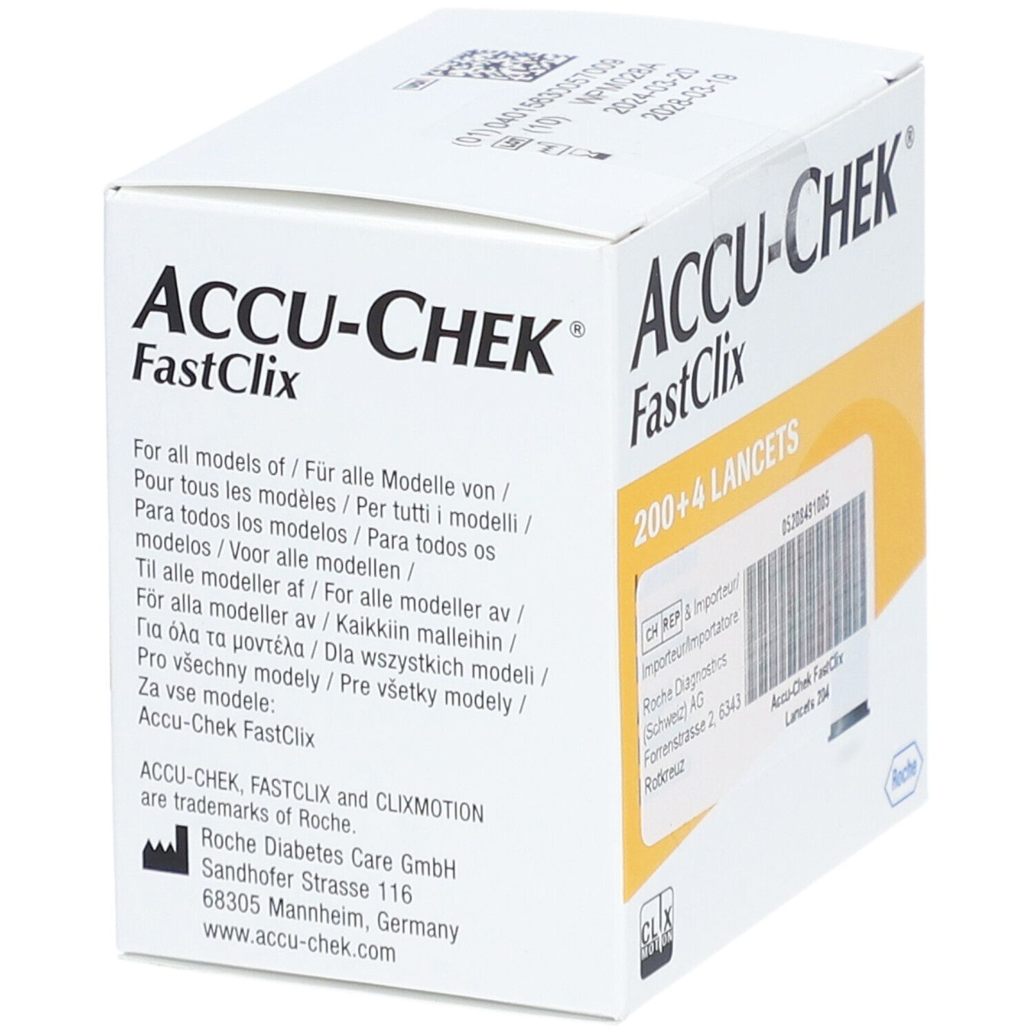 Schachtel ACCU-CHEK FastClix mit 200+4 Lanzetten. Text in mehreren Sprachen. Herstellerinformationen.