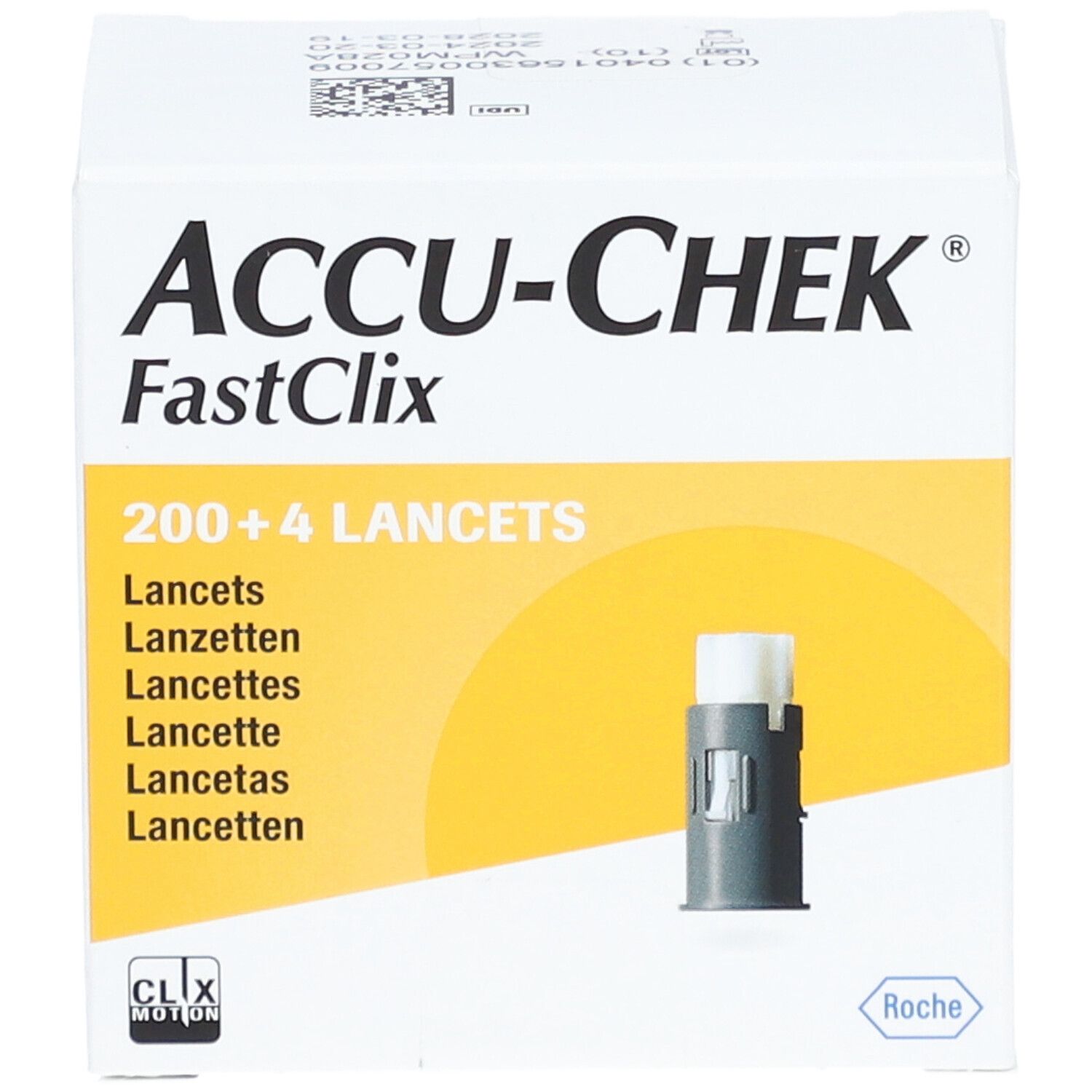 Schachtel ACCU-CHEK FastClix mit 200+4 Lanzetten. Abbildung einer Lanzette. Gelber Hintergrund.