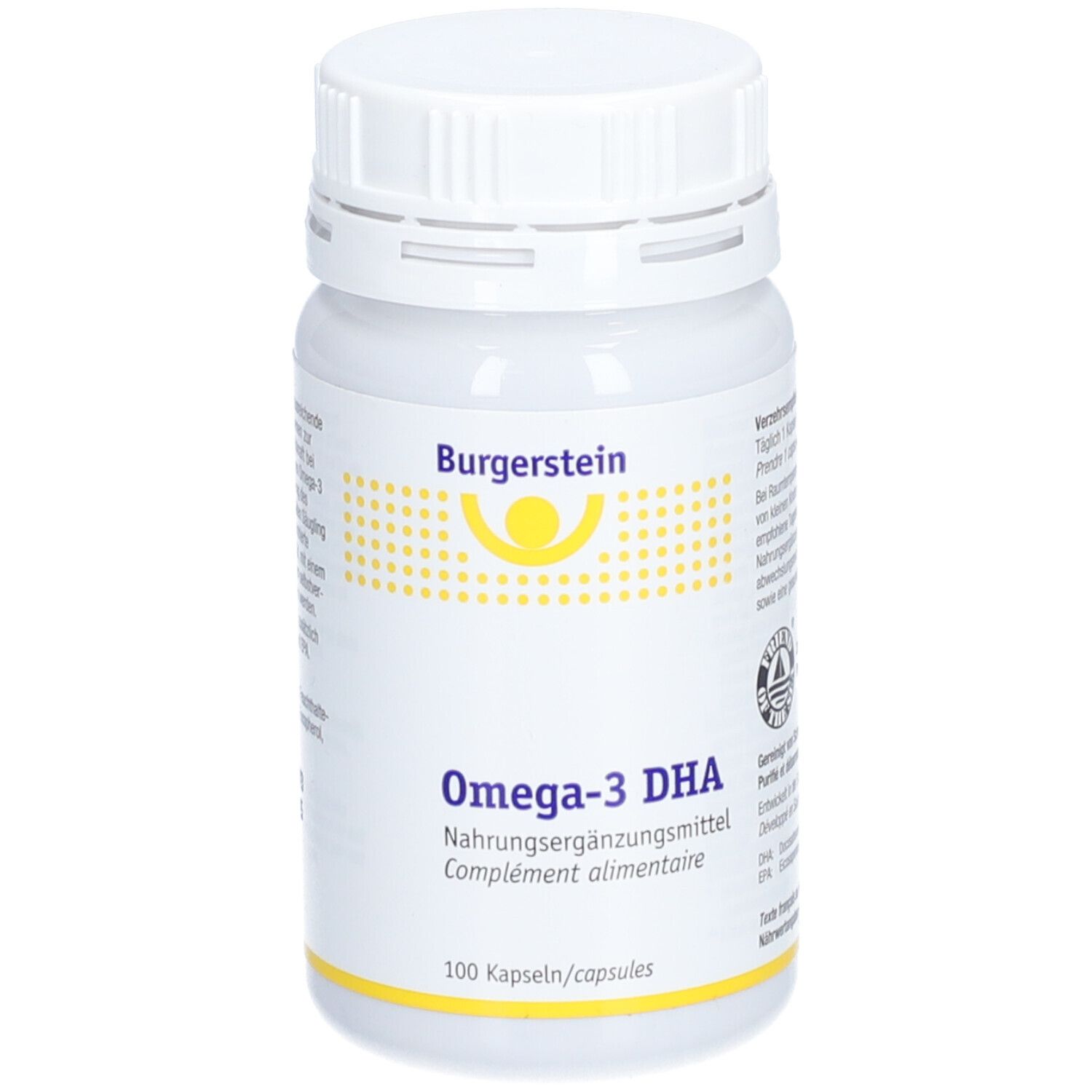Weiße Flasche mit Schraubverschluss. Aufschrift Burgerstein, Omega-3 DHA, Nahrungsergänzungsmittel. 100 Kapseln.
