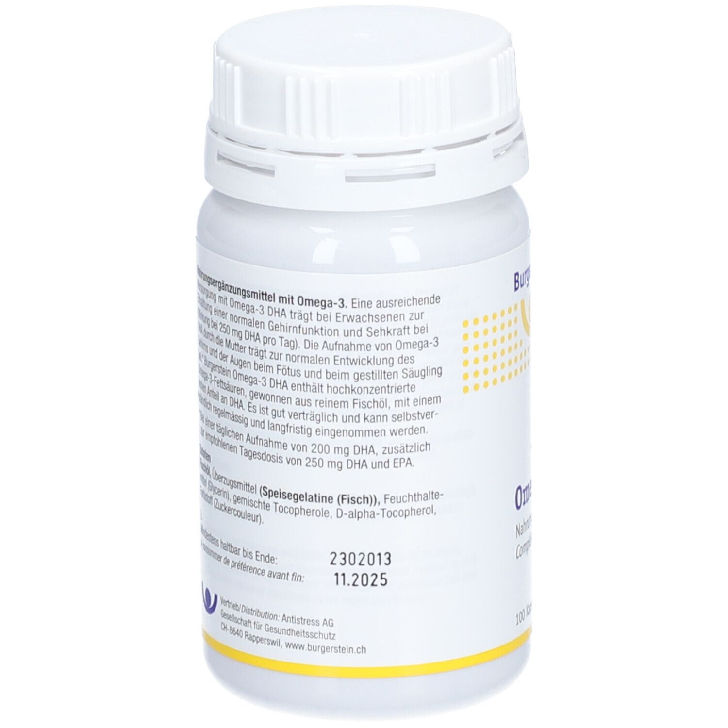 Rückseite einer weißen Flasche mit Schraubverschluss. Text über Omega-3 DHA, Inhaltsstoffe, Verfallsdatum 11.2025.