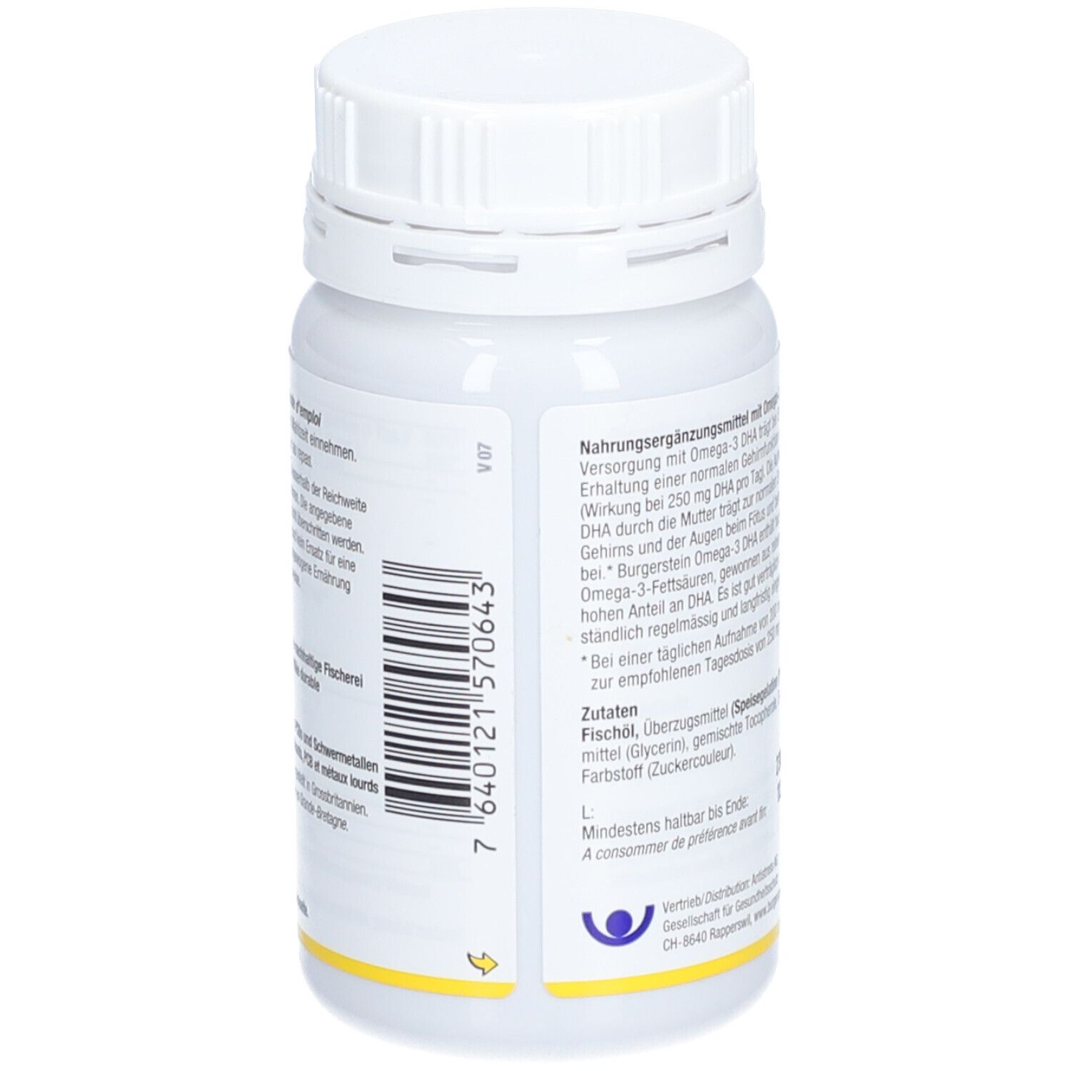 Rückseite einer weißen Flasche mit Schraubverschluss. Text über Omega-3 DHA, Inhaltsstoffe, Mindesthaltbarkeitsdatum.