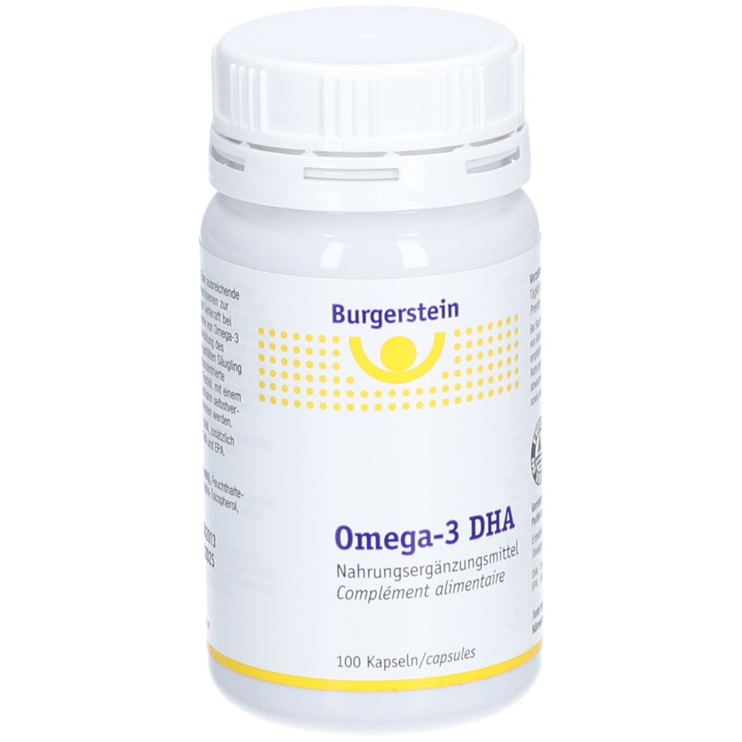 Weiße Flasche mit Schraubverschluss. Aufschrift Burgerstein, Omega-3 DHA, Nahrungsergänzungsmittel. 100 Kapseln.