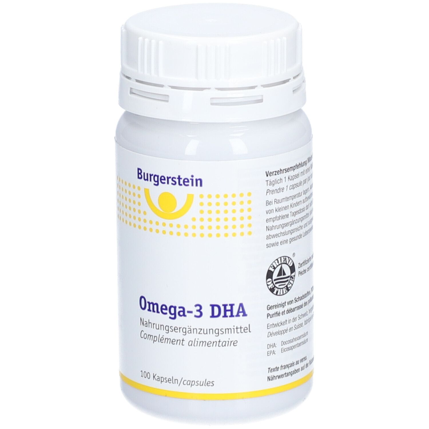 Weiße Flasche mit Schraubverschluss. Aufschrift Burgerstein, Omega-3 DHA, Nahrungsergänzungsmittel. 100 Kapseln. Siegel.