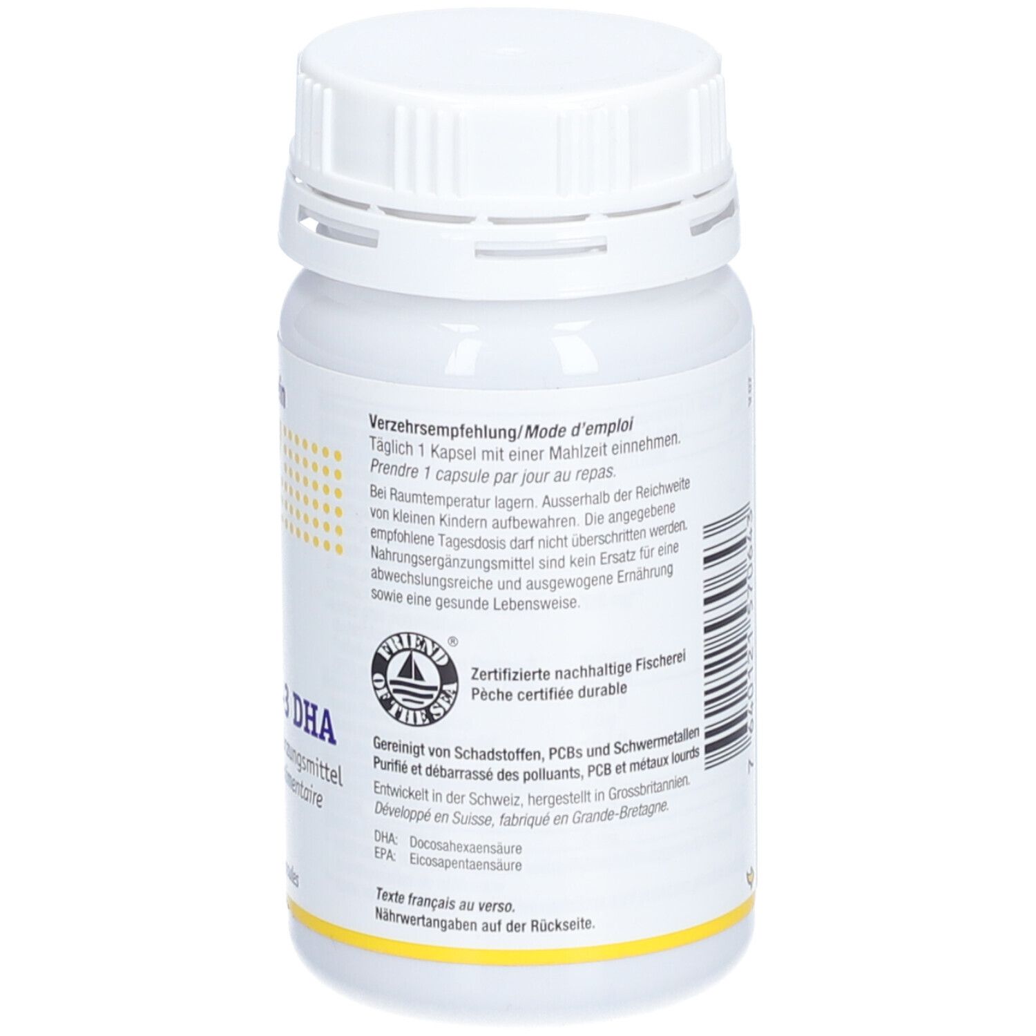 Rückseite einer weißen Flasche mit Schraubverschluss. Text, Siegel, Informationen zu Omega-3 DHA, Inhaltsstoffe.
