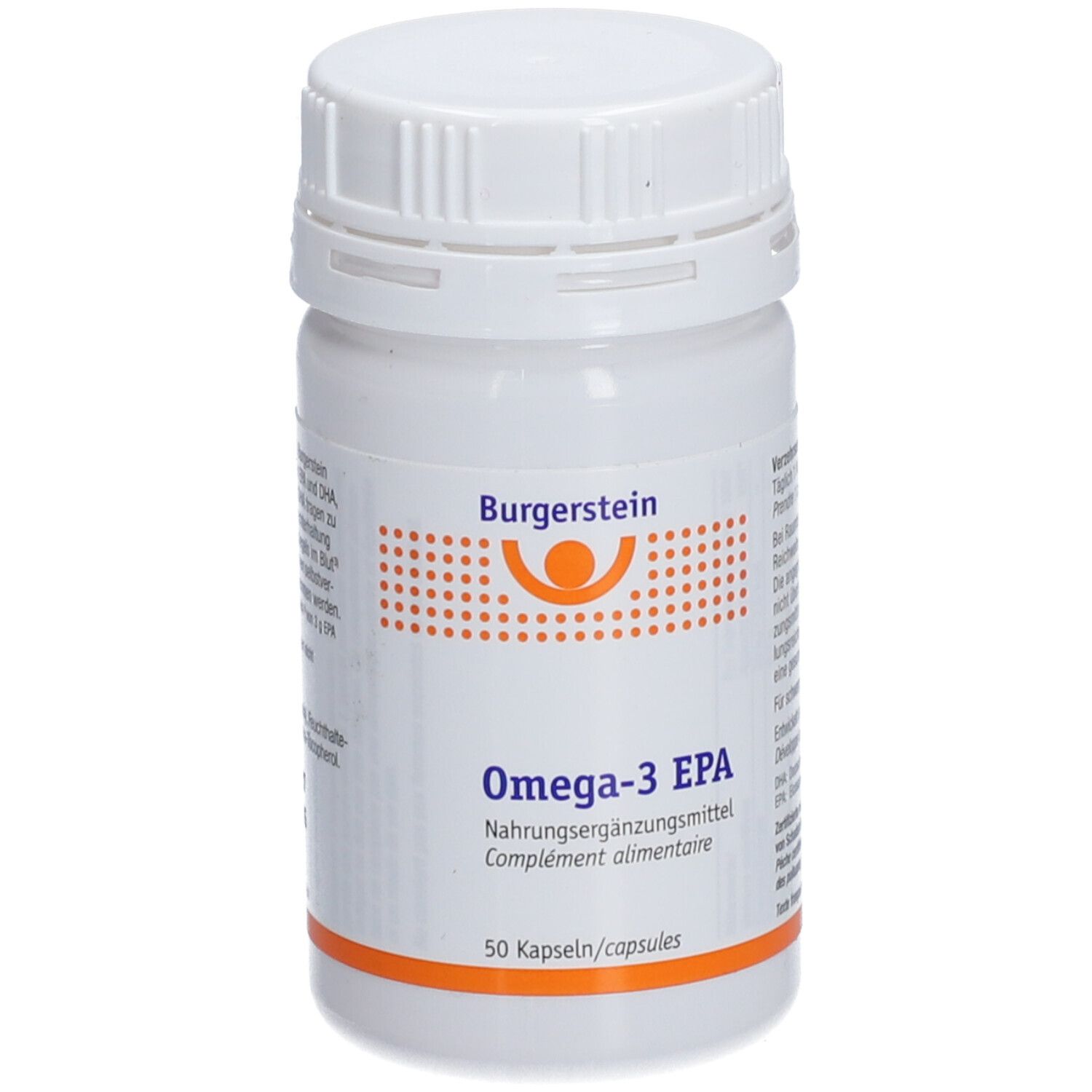 Weiße Flasche mit Schraubverschluss. Aufschrift: Burgerstein, Omega-3 EPA. 50 Kapseln. Orangefarbene Akzente.