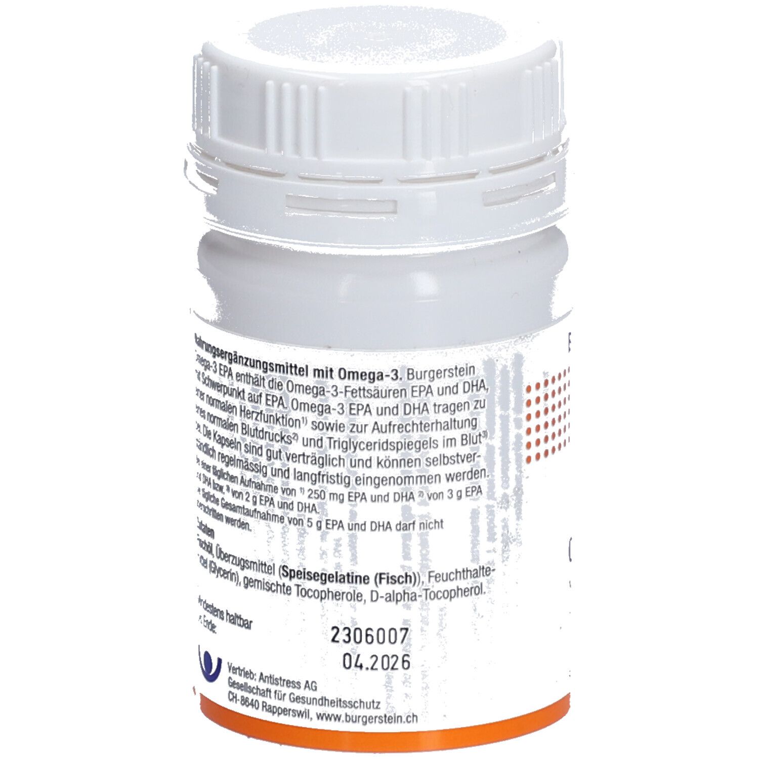 Rückseite der weißen Flasche. Textinformationen, Inhaltsstoffe, Verfallsdatum 04.2026. Orangefarbene Akzente.