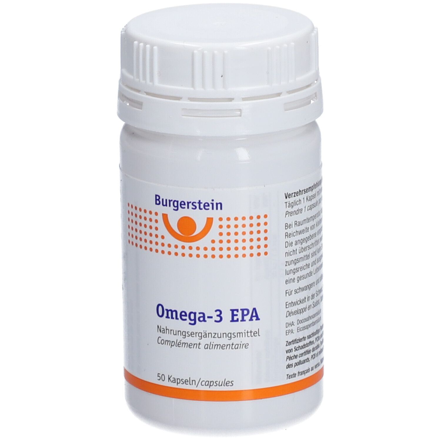Weiße Flasche mit Schraubverschluss. Aufschrift: Burgerstein, Omega-3 EPA. 50 Kapseln. Orangefarbene Akzente.