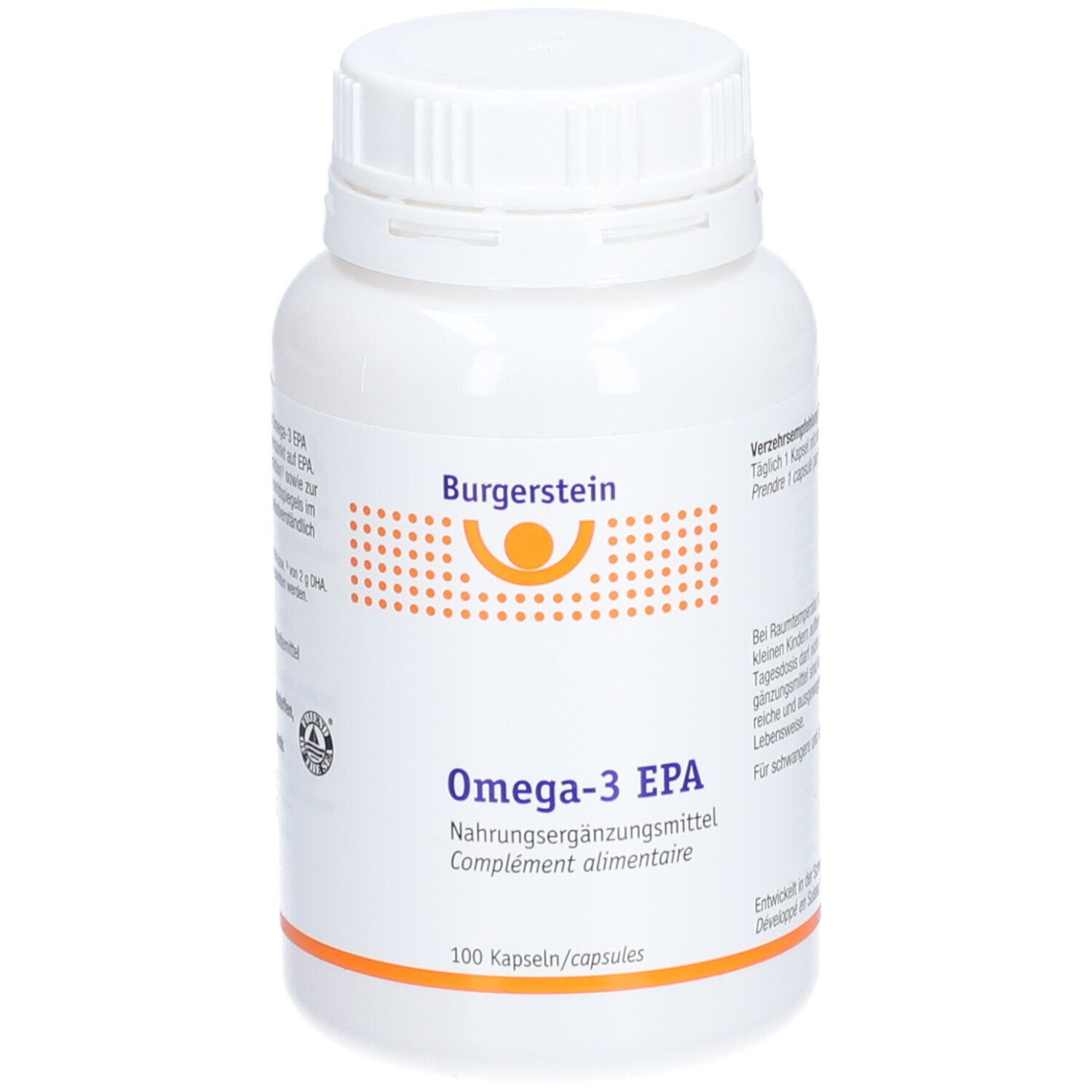 Weiße Flasche mit Burgerstein Omega-3 EPA. Orangefarbener Schriftzug und Logo. 100 Kapseln.