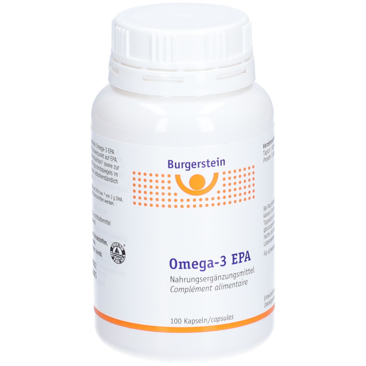 Weiße Flasche mit Burgerstein Omega-3 EPA. Orangefarbener Schriftzug und Logo. 100 Kapseln.
