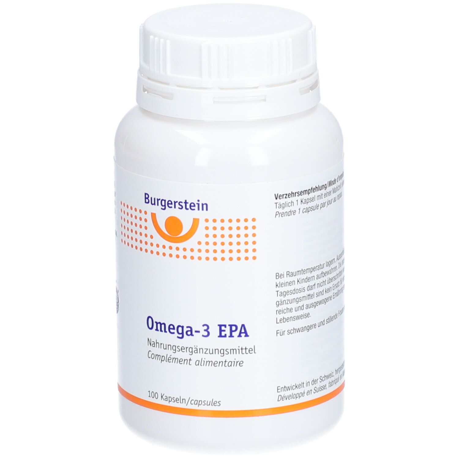 Weiße Flasche mit Burgerstein Omega-3 EPA. Orangefarbener Schriftzug und Logo. 100 Kapseln.