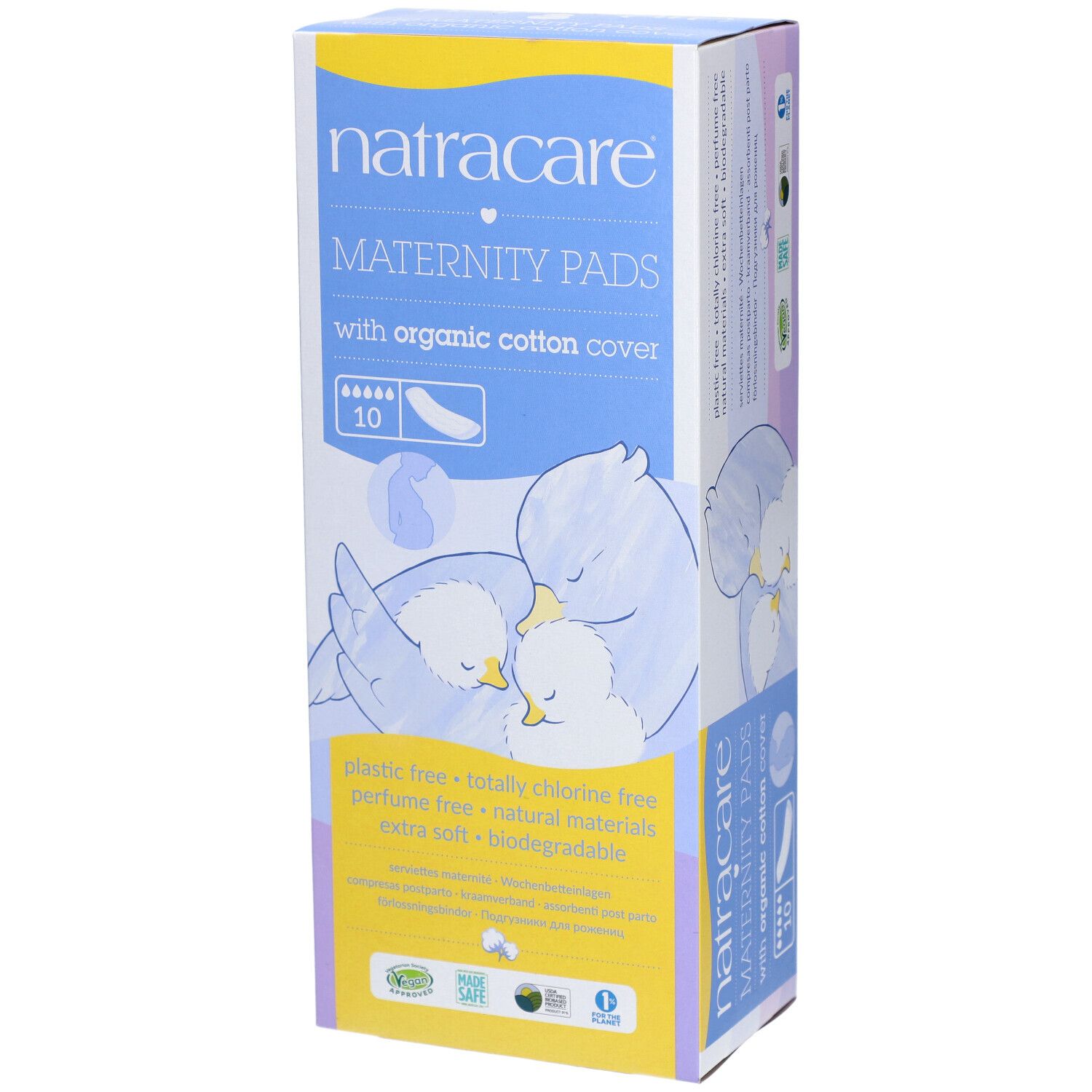 Verpackung von Natracare Maternity Pads. Aufdruck: 10 Stück, mit Bio-Baumwoll-Oberfläche. Abbildung: Vögel.