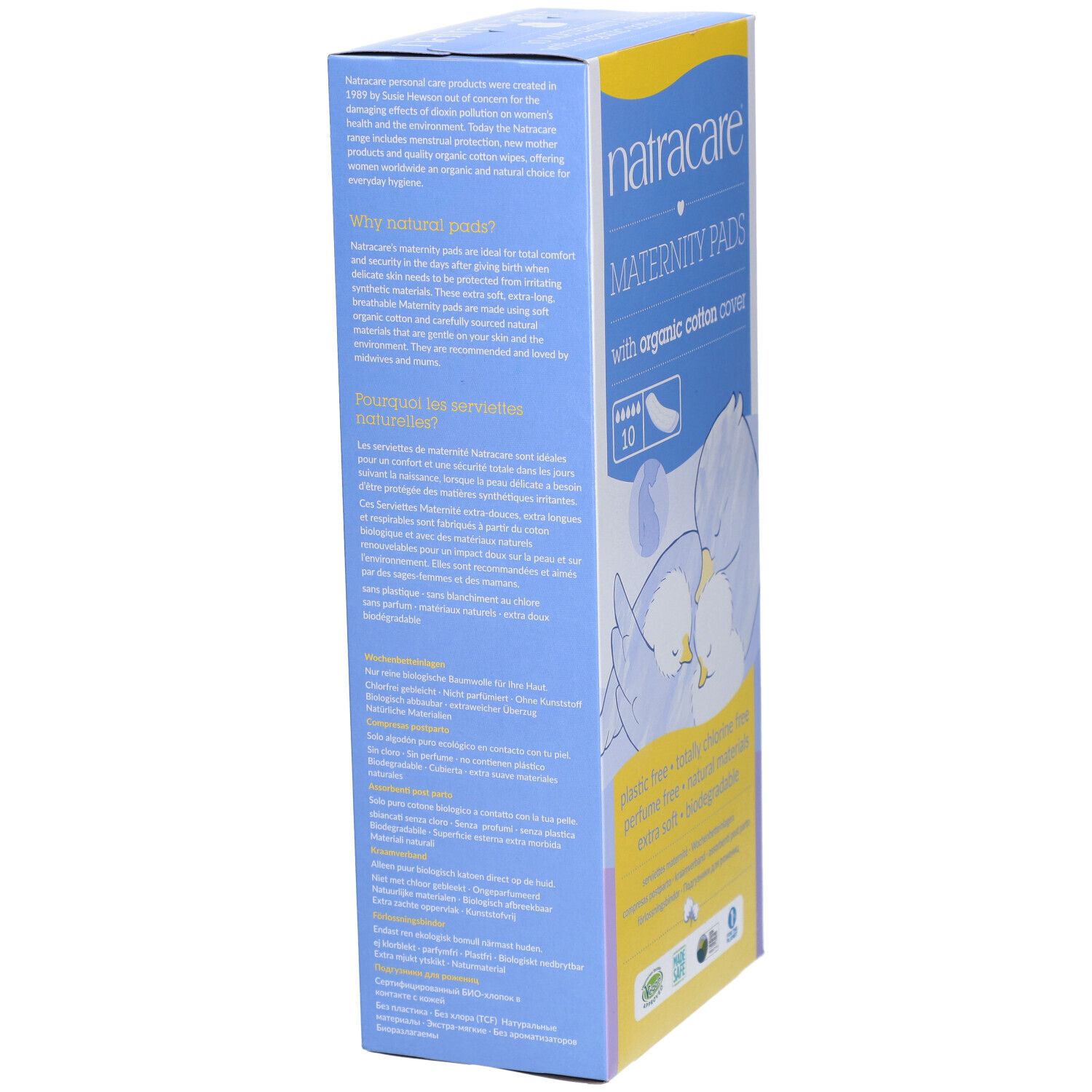 Verpackung von Natracare Maternity Pads. Text auf der Seite. Logo und Text: Natracare Maternity Pads.