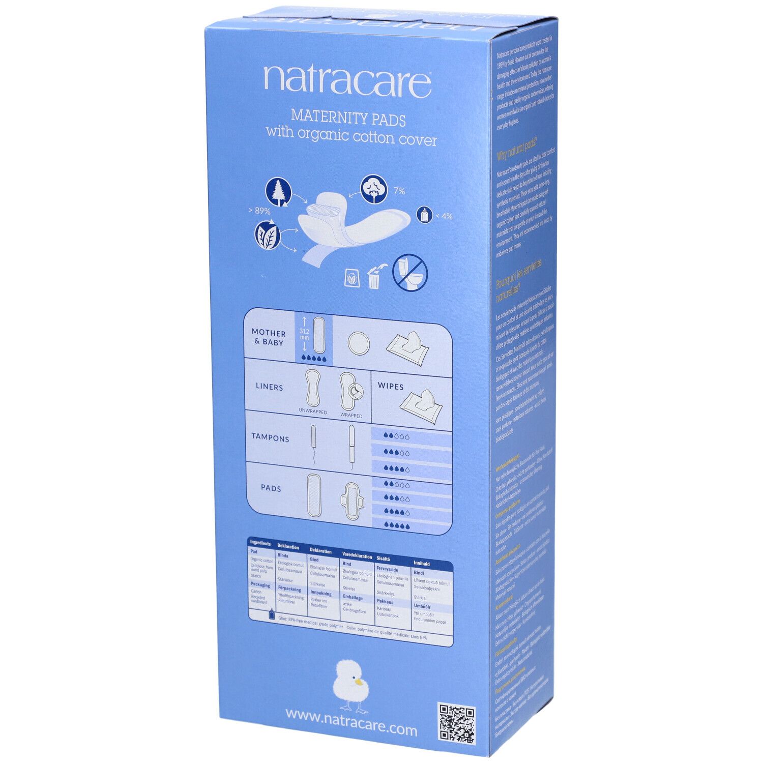 Verpackung von Natracare Maternity Pads. Rückseite mit Produktabbildungen und Informationen. Text: Natracare.