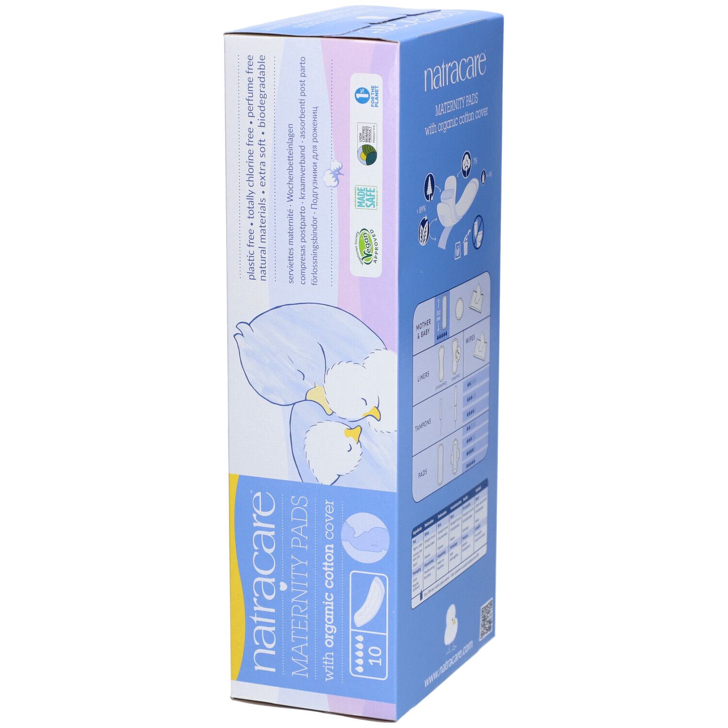 Verpackung von Natracare Maternity Pads. Aufdruck: 10 Stück, mit Bio-Baumwoll-Oberfläche. Abbildung: Vögel.