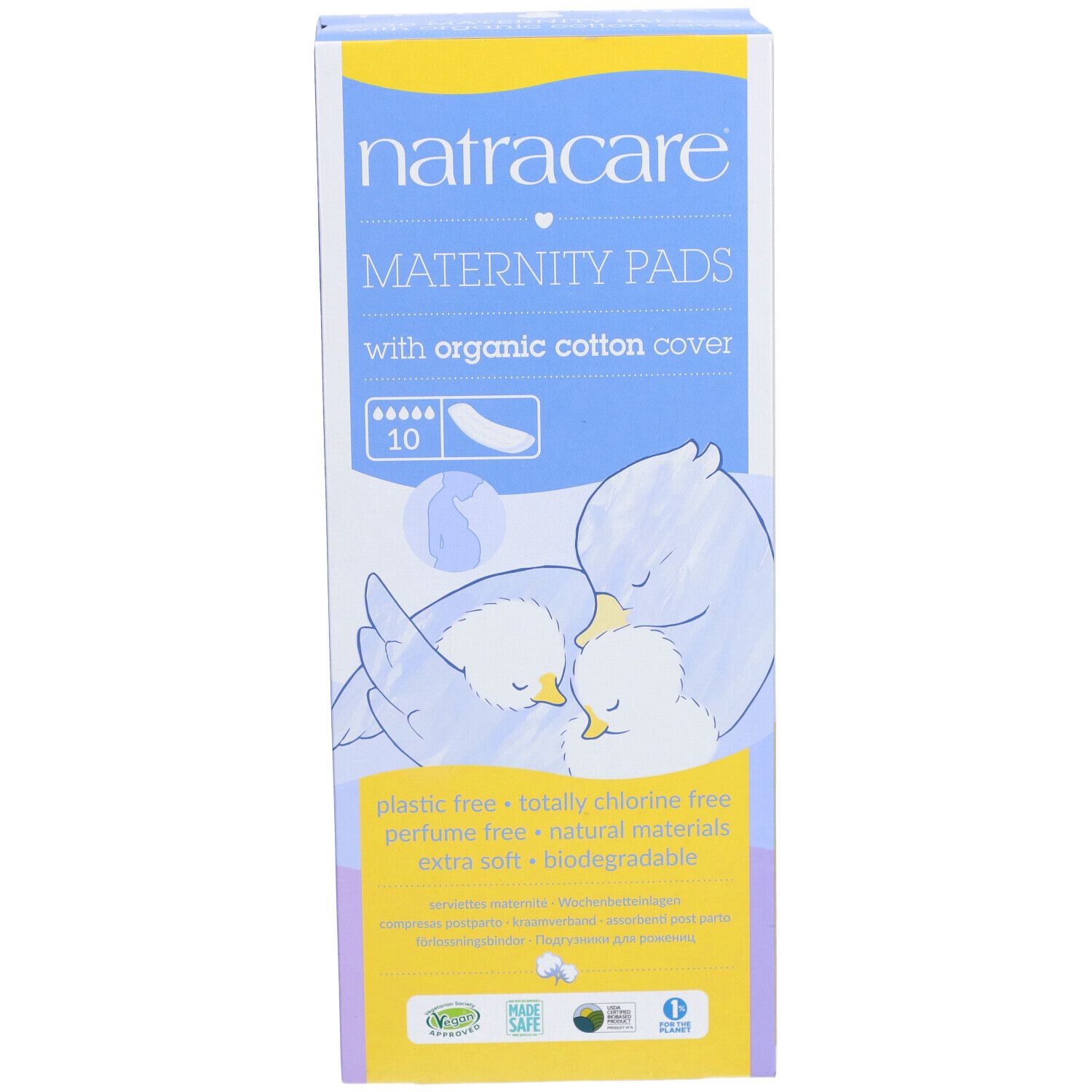 Verpackung von Natracare Maternity Pads. Aufdruck: 10 Stück, mit Bio-Baumwoll-Oberfläche. Abbildung: Vögel.