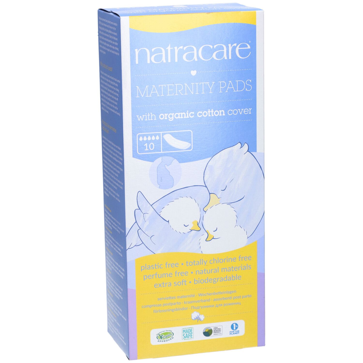 Verpackung von Natracare Maternity Pads. Aufdruck: 10 Stück, mit Bio-Baumwoll-Oberfläche. Abbildung: Vögel.