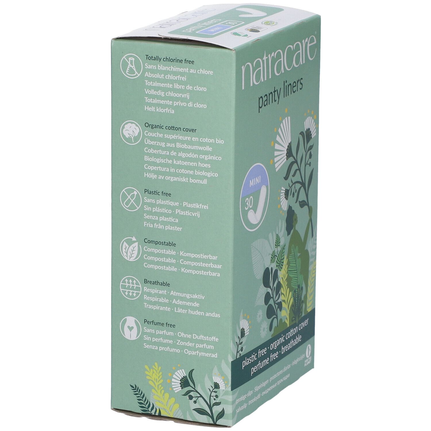 Seite der Natracare Slipeinlagen-Verpackung. Informationen zu Eigenschaften: chlorfrei, Bio-Baumwolle, plastikfrei, kompostierbar, atmungsaktiv.