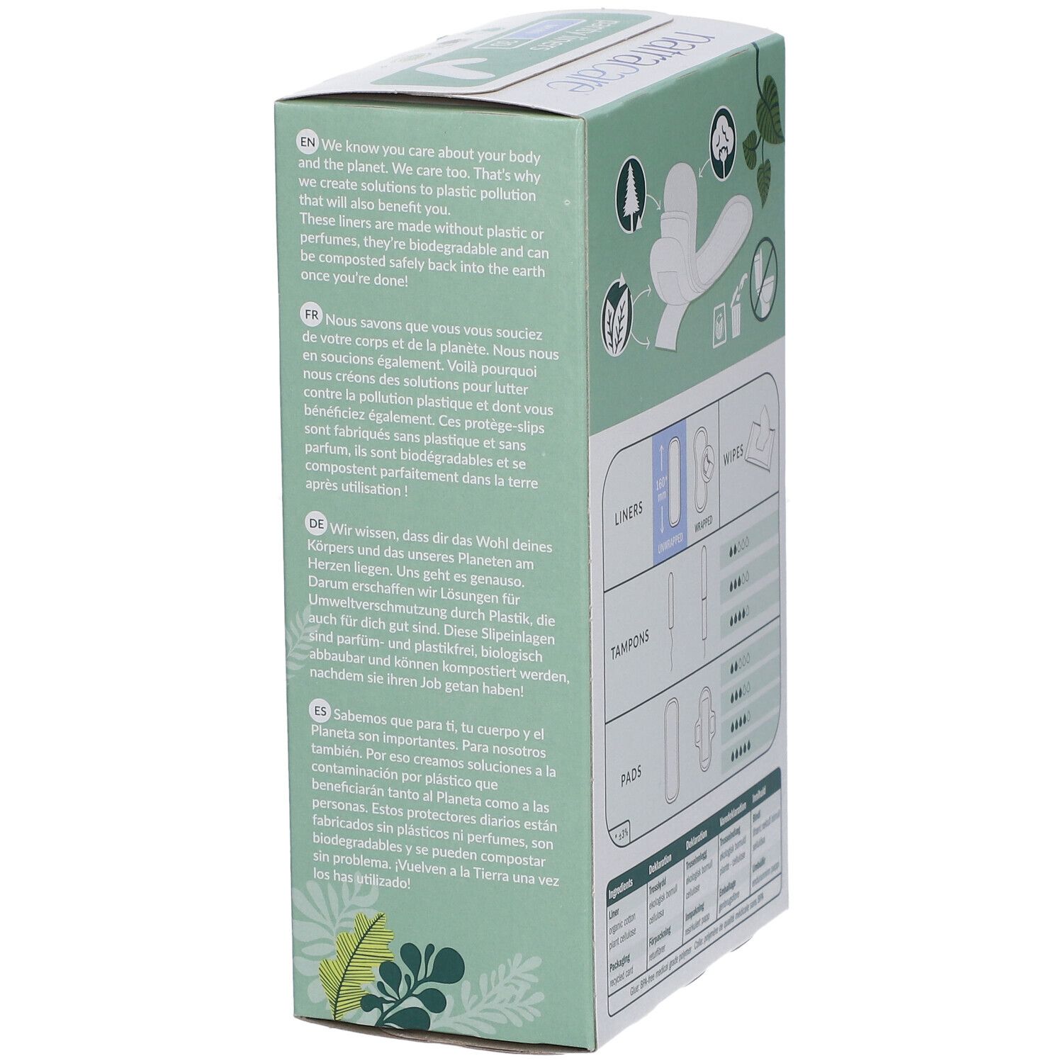 Seite der Natracare Slipeinlagen-Verpackung. Text über Umweltfreundlichkeit und biologische Abbaubarkeit. Illustrationen.