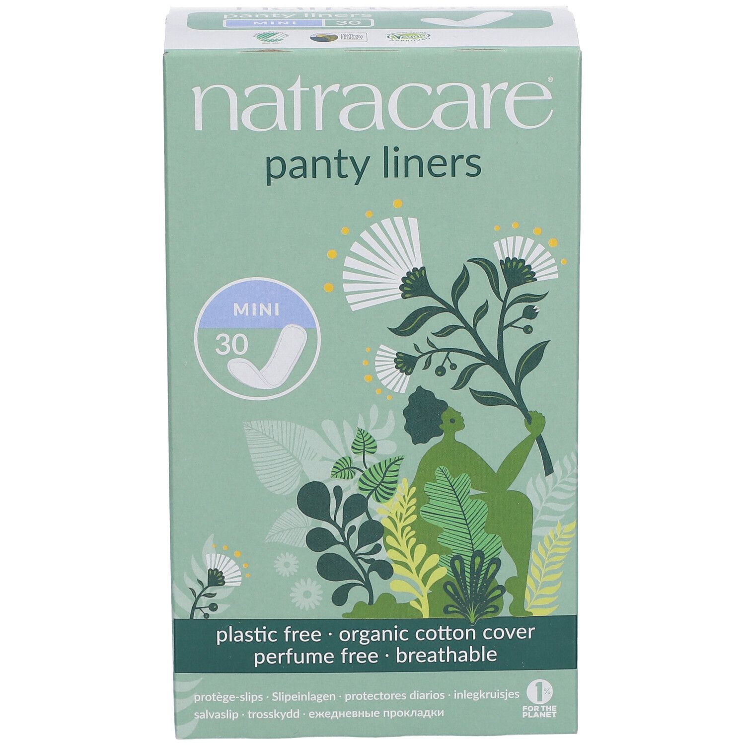 Vorderseite der Natracare Slipeinlagen-Verpackung. Aufdruck: Mini, 30 Stück. Merkmale: plastikfrei, Bio-Baumwolle, atmungsaktiv.