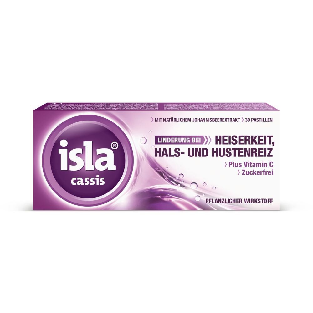 Packung mit "isla cassis"-Pastillen. Lila Verpackung mit Logo, Produktnamen und Texten zu Inhaltsstoffen und Wirkung.