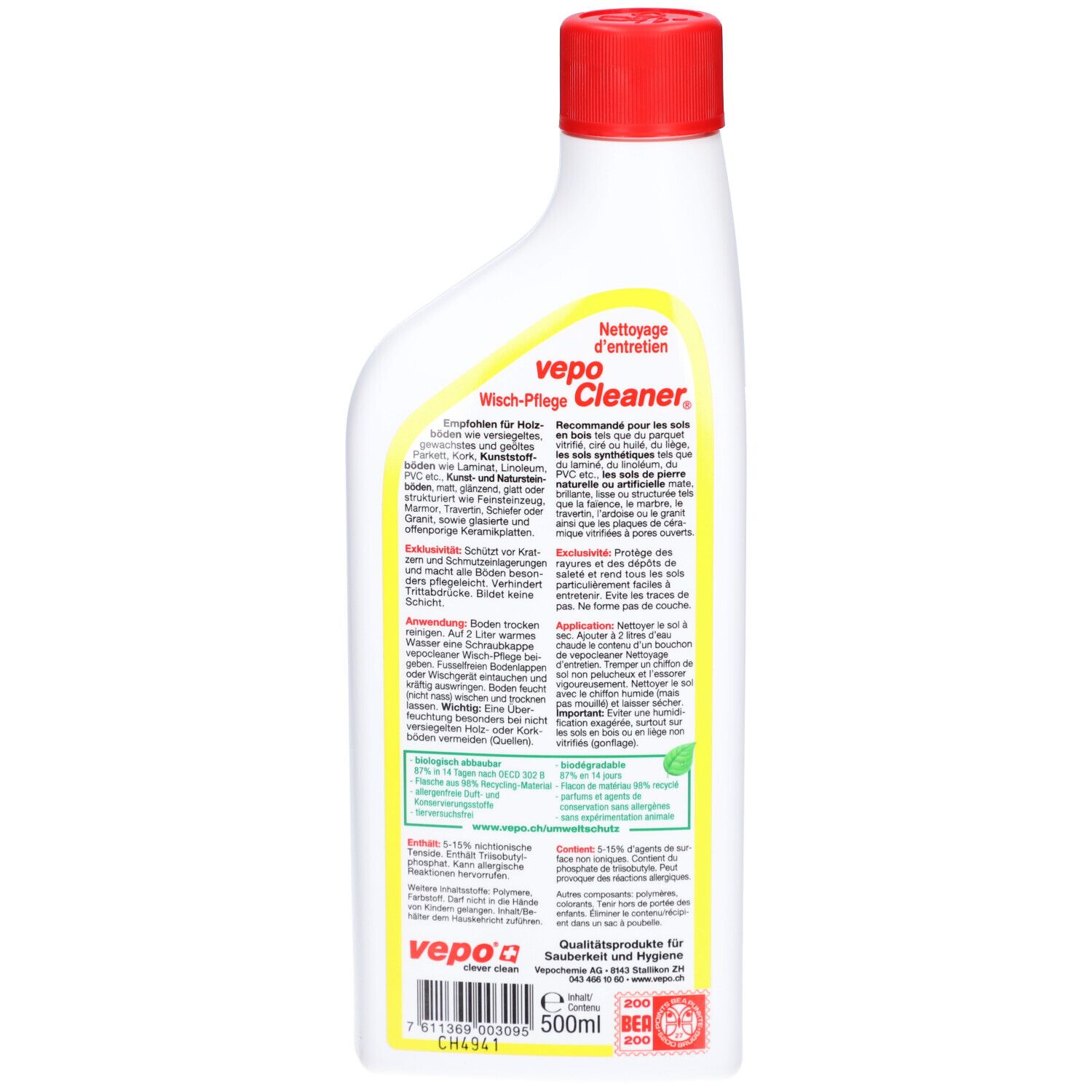 Rückseite der Flasche. Textinformationen und Logos. Roter Verschluss. VEPOCLEANER®-Logo. Grüne Etiketten.