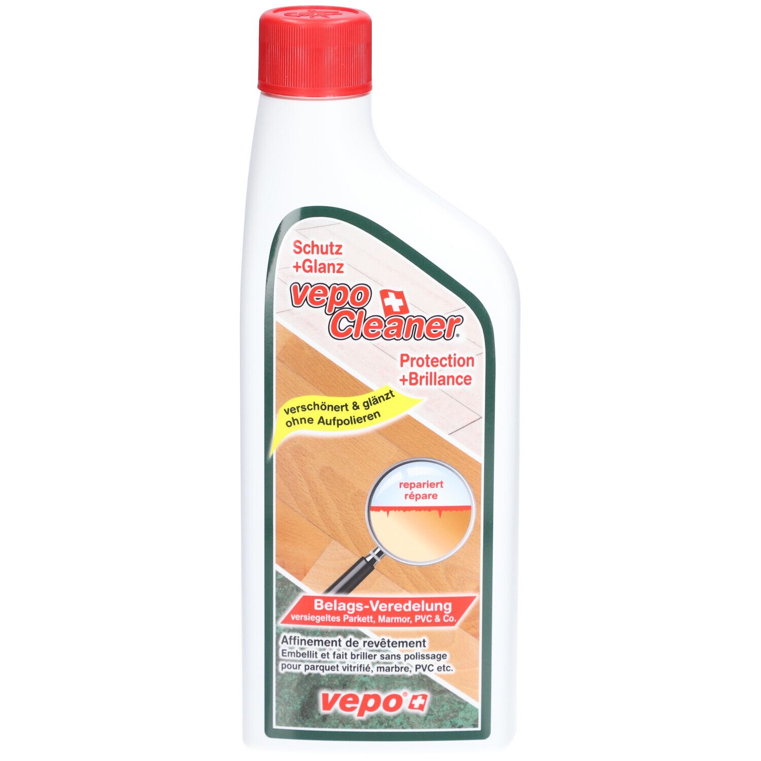 Weiße Flasche mit rotem Deckel. VEPOCLEANER-Etikett mit Produktinformationen und Logo. Schutz und Glanz für Böden.