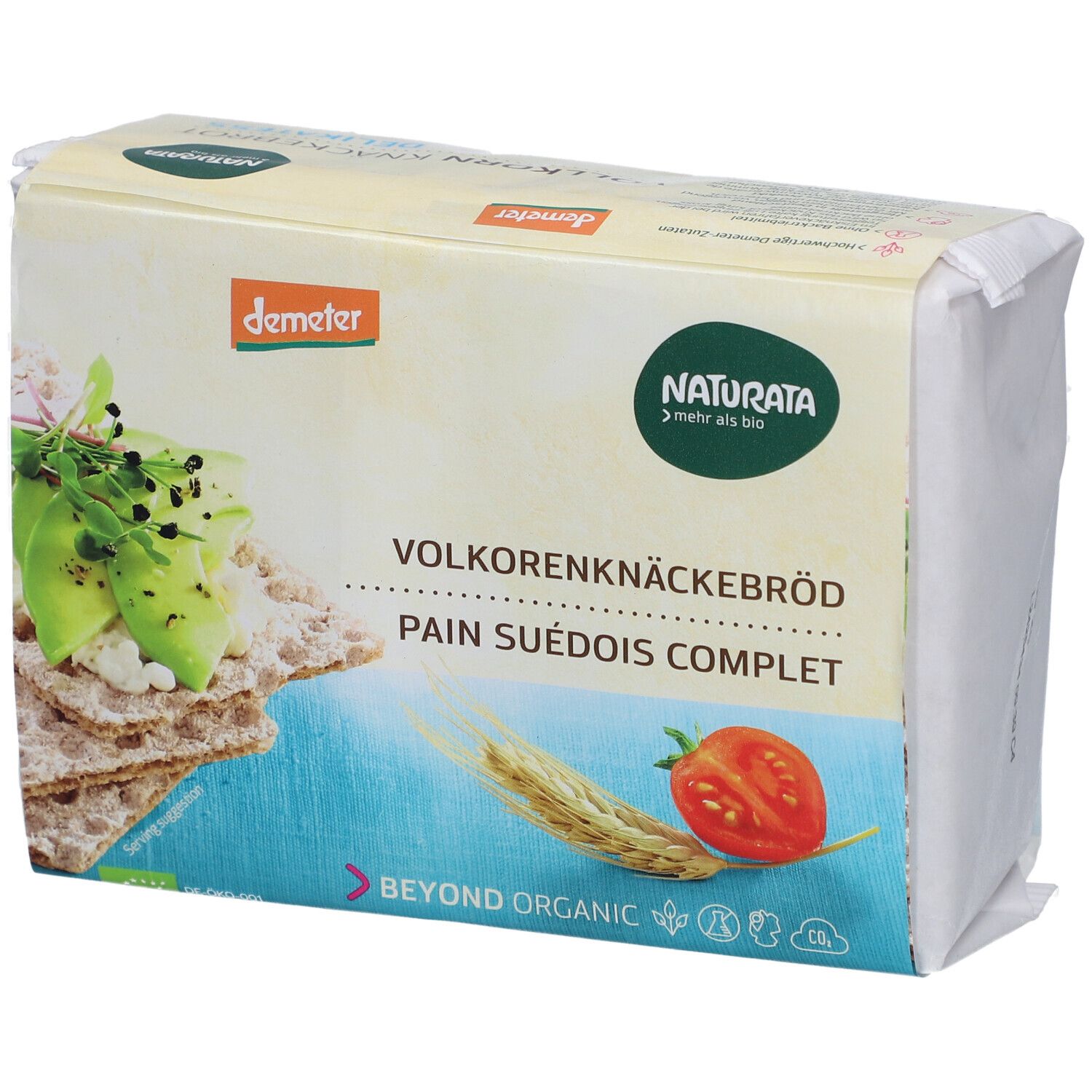 Verpackung mit Vollkorn-Knäckebrot. Aufdrucke: Naturata, Demeter, Vollkornknäckebrot, Pain Suédois Complet, Beyond Organic.