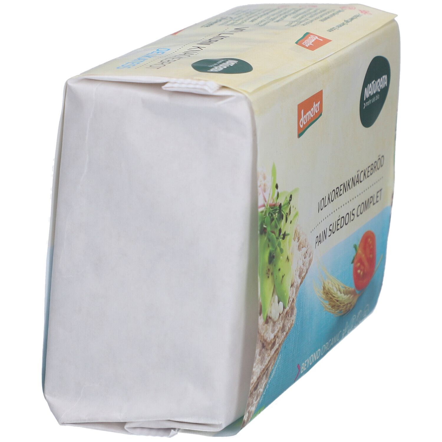 Verpackung von Vollkorn-Knäckebrot, schräg von oben. Aufdrucke: Naturata, Demeter, Vollkornknäckebrot, Pain Suédois Complet.