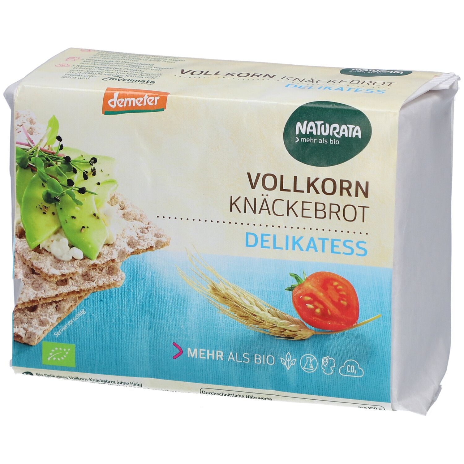 Verpackung mit Vollkorn-Knäckebrot. Aufdrucke: Naturata, Demeter, Vollkorn Knäckebrot Delikatess, Bio-Siegel.