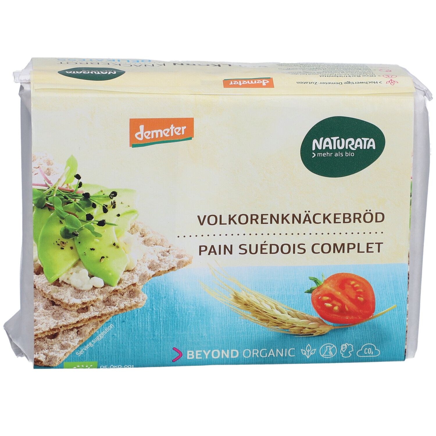 Verpackung mit Vollkorn-Knäckebrot. Aufdrucke: Naturata, Demeter, Vollkornknäckebrot, Pain Suédois Complet, Beyond Organic.
