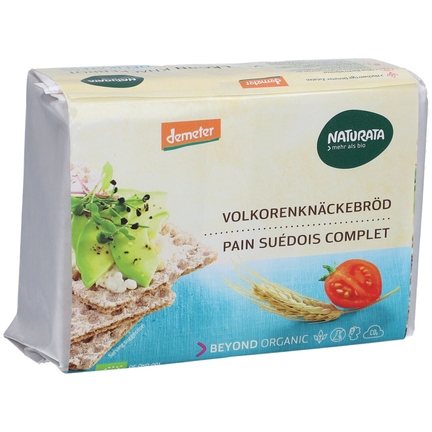 Verpackung mit Vollkorn-Knäckebrot. Aufdrucke: Naturata, Demeter, Vollkornknäckebrot, Pain Suédois Complet.