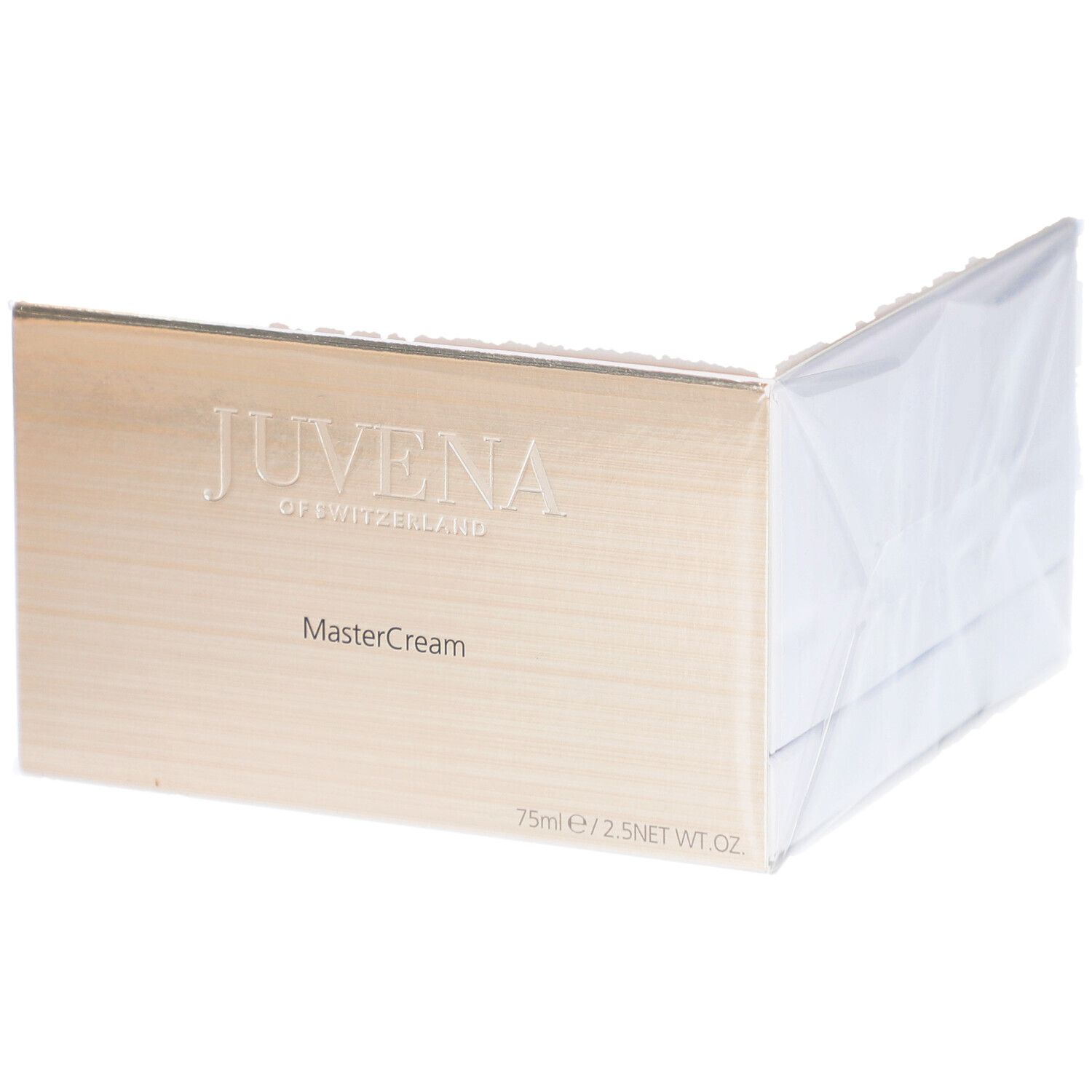 Kartonverpackung. Aufschrift: JUVENA OF SWITZERLAND, MasterCream. 75ml/2.5 NET WT OZ. Weißer Hintergrund.