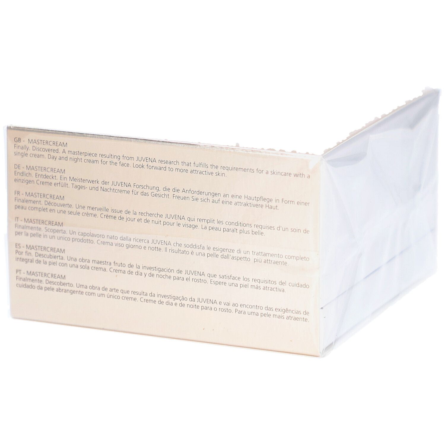 Kartonverpackung. Aufschrift: MasterCream. Text in mehreren Sprachen. Verpackung in Folie.