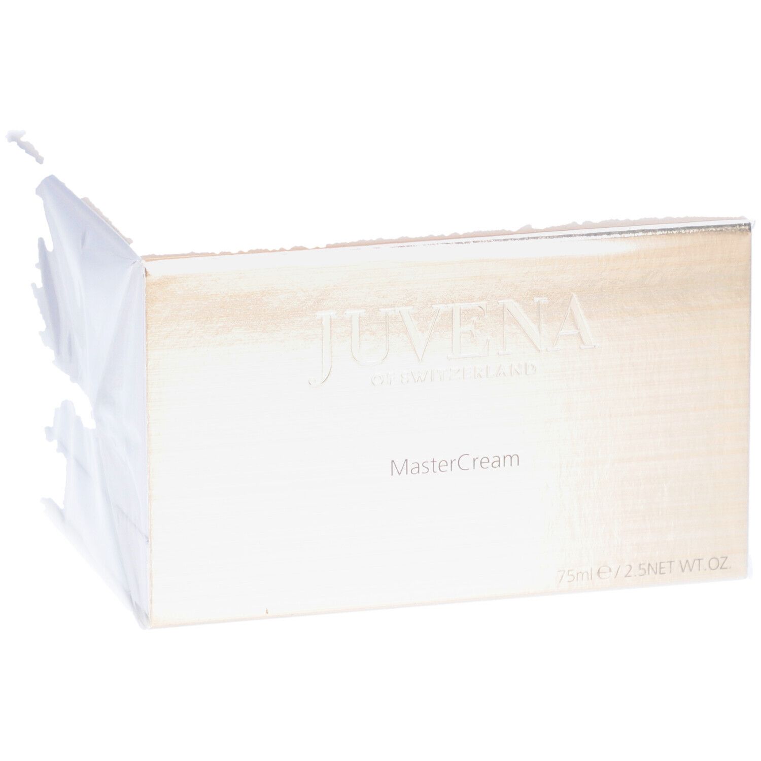 Kartonverpackung. Aufschrift: JUVENA OF SWITZERLAND, MasterCream. 75ml/2.5 NET WT OZ. Verpackung in Folie.