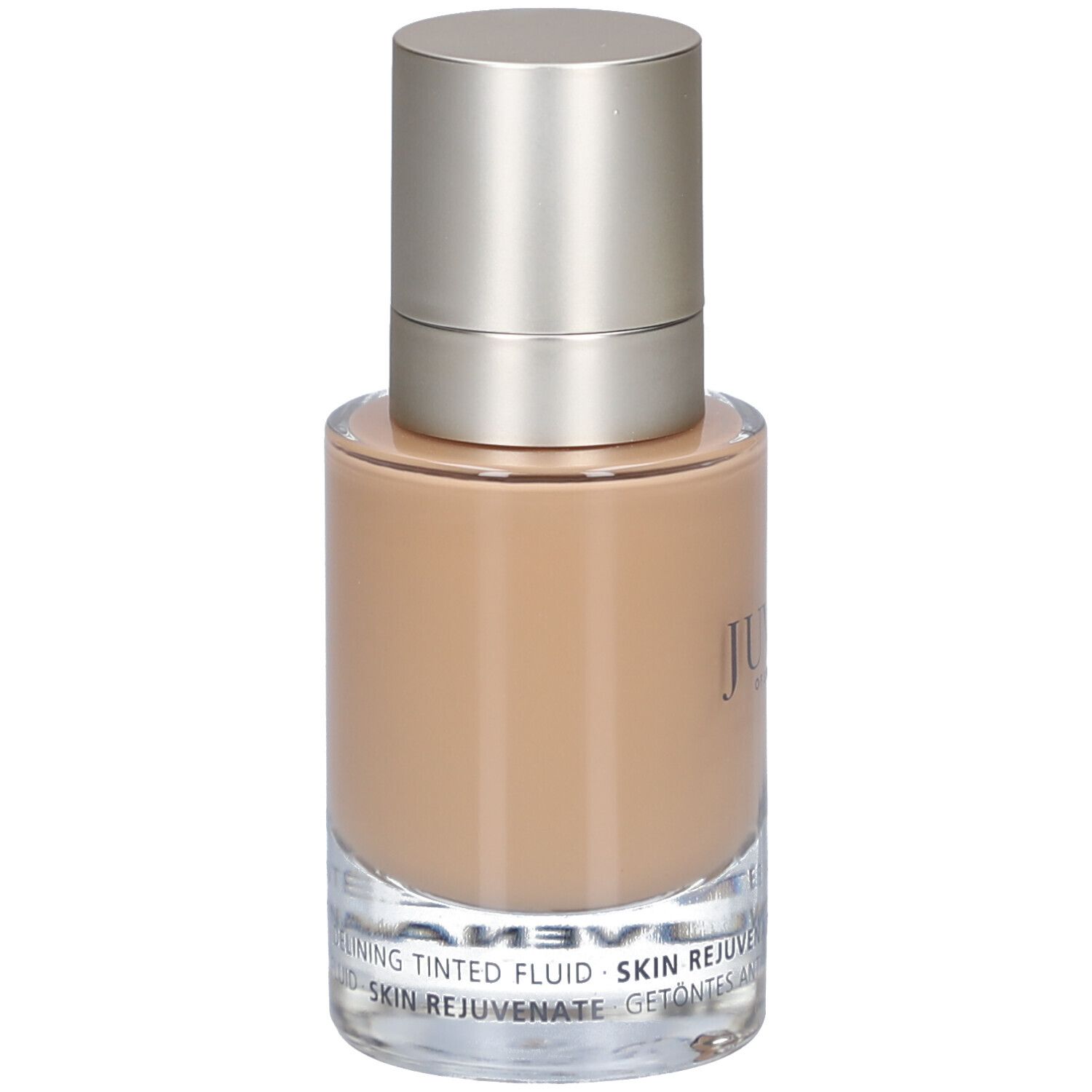 Glasflasche mit silberfarbenem Deckel. Aufschrift: Juvena of Switzerland. Getönte Flüssigkeit. Text unten.