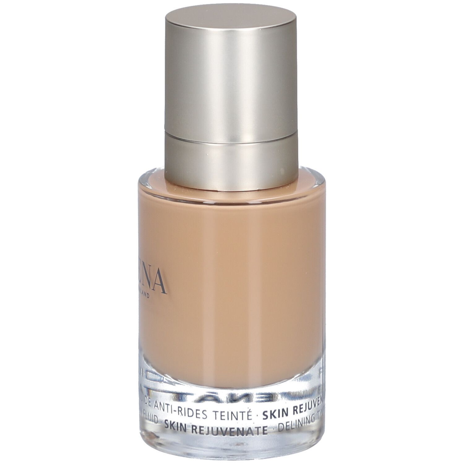 Glasflasche mit silberfarbenem Deckel. Aufschrift: Juvena of Switzerland. Getönte Flüssigkeit. Text unten.